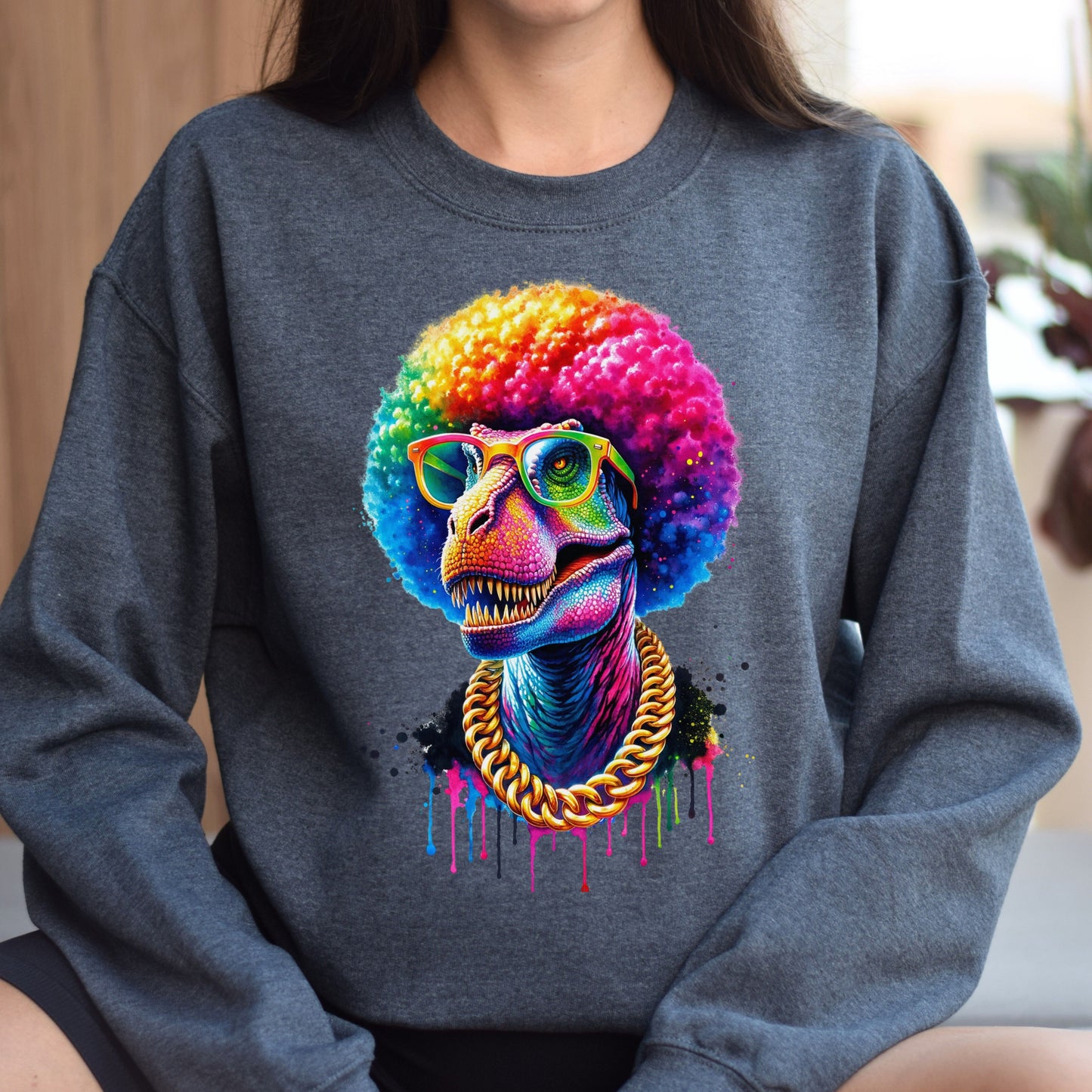 Tyrannosaurys Rex (T-Rex) neon Color Splash Unisex Sweatshirt-Dark Heather-Family-Gift-Planet