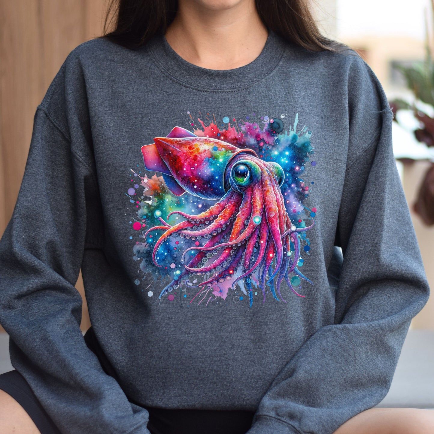 Artistic Vampire Squid Color Splash Unisex Sweatshirt Black Navy Dark Heather-Dark Heather-Family-Gift-Planet