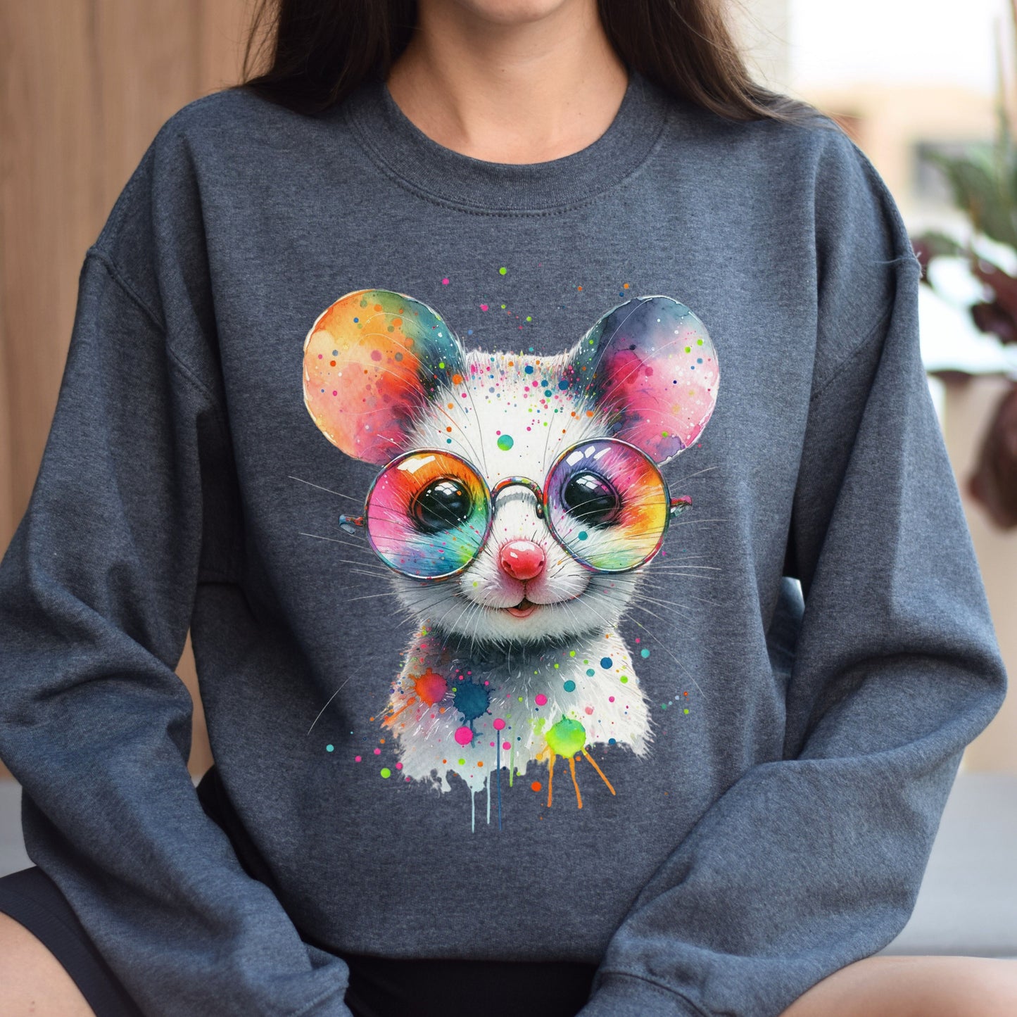 Whimsical mouse with glasses Color Splash Unisex Sweatshirt Black Navy Dark Heather-Dark Heather-Family-Gift-Planet