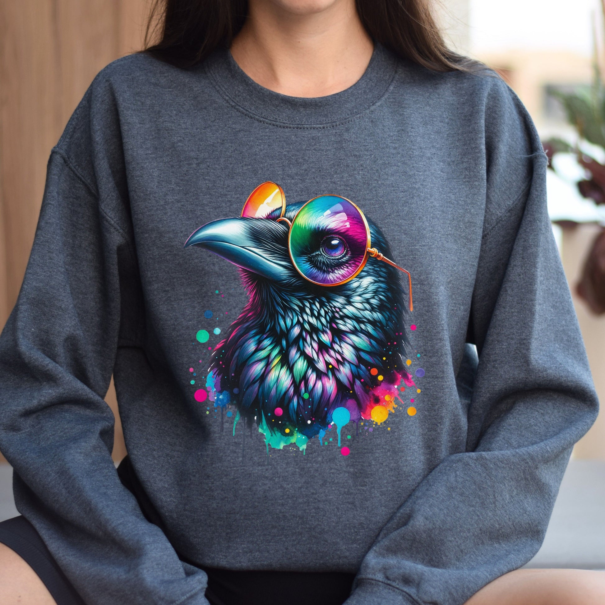 Whimsical raven Color Splash Unisex Sweatshirt Black Navy Dark Heather-Family-Gift-Planet