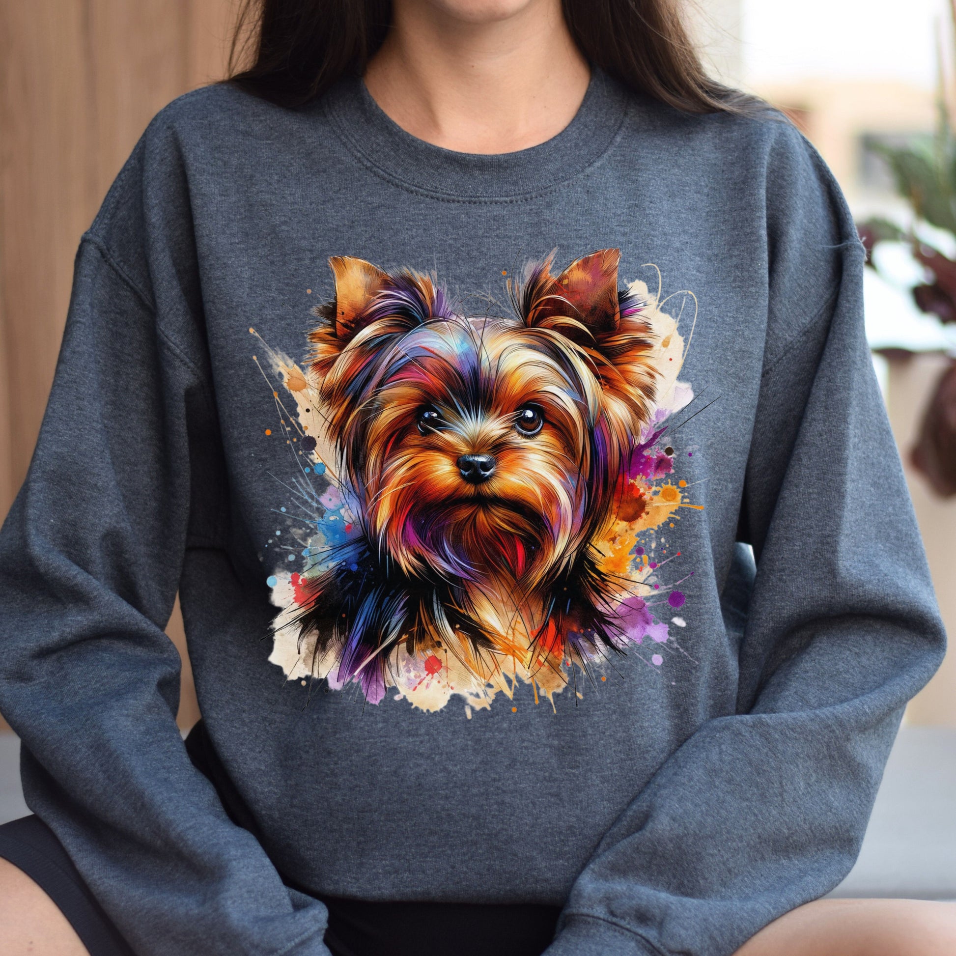 Yorkshire Terrier Color Splash Unisex Sweatshirt Black Navy Dark Heather-Dark Heather-Family-Gift-Planet