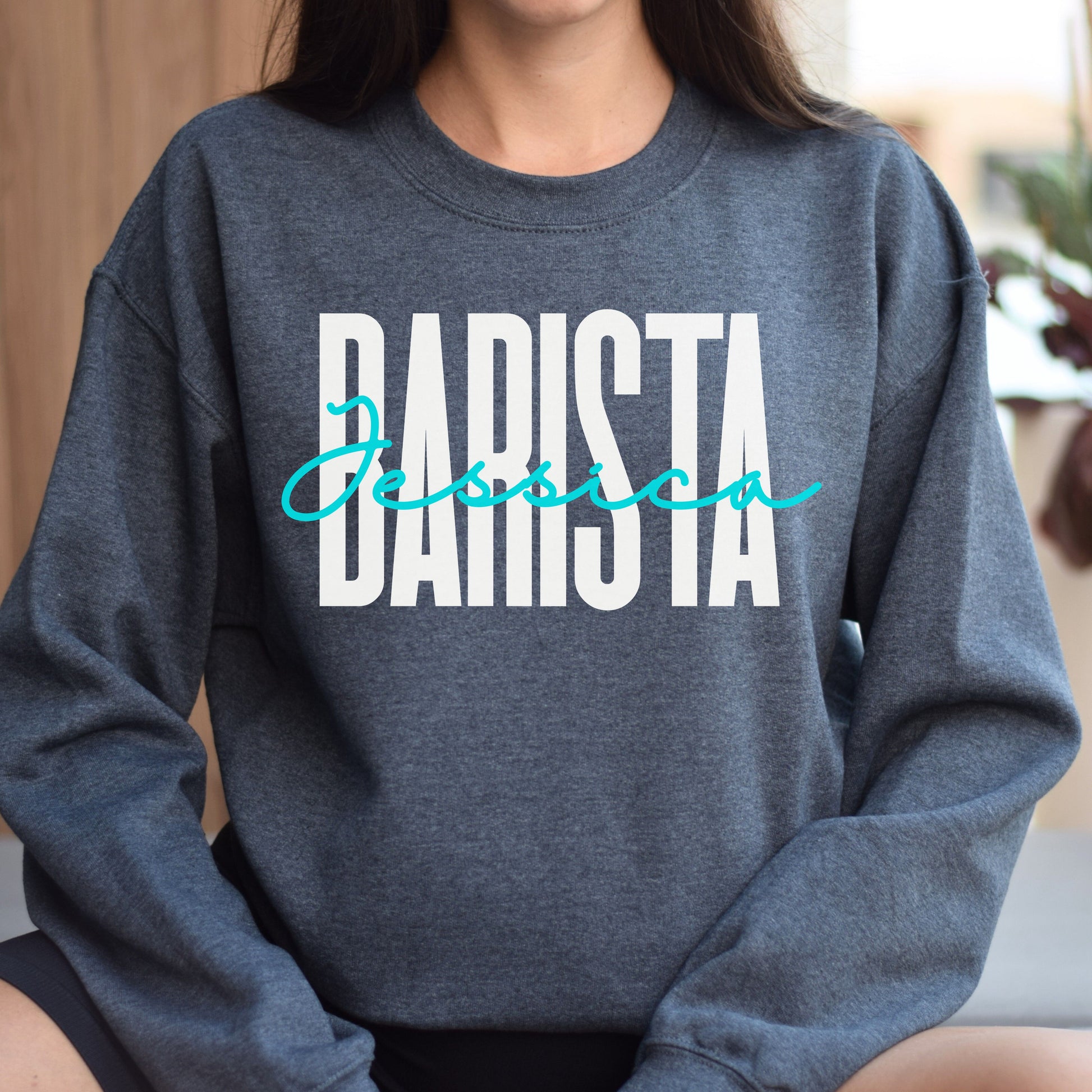 Personalized Barista Unisex Sweatshirt Custom name coffee shop Sand Black Dark Heather-Dark Heather-Family-Gift-Planet