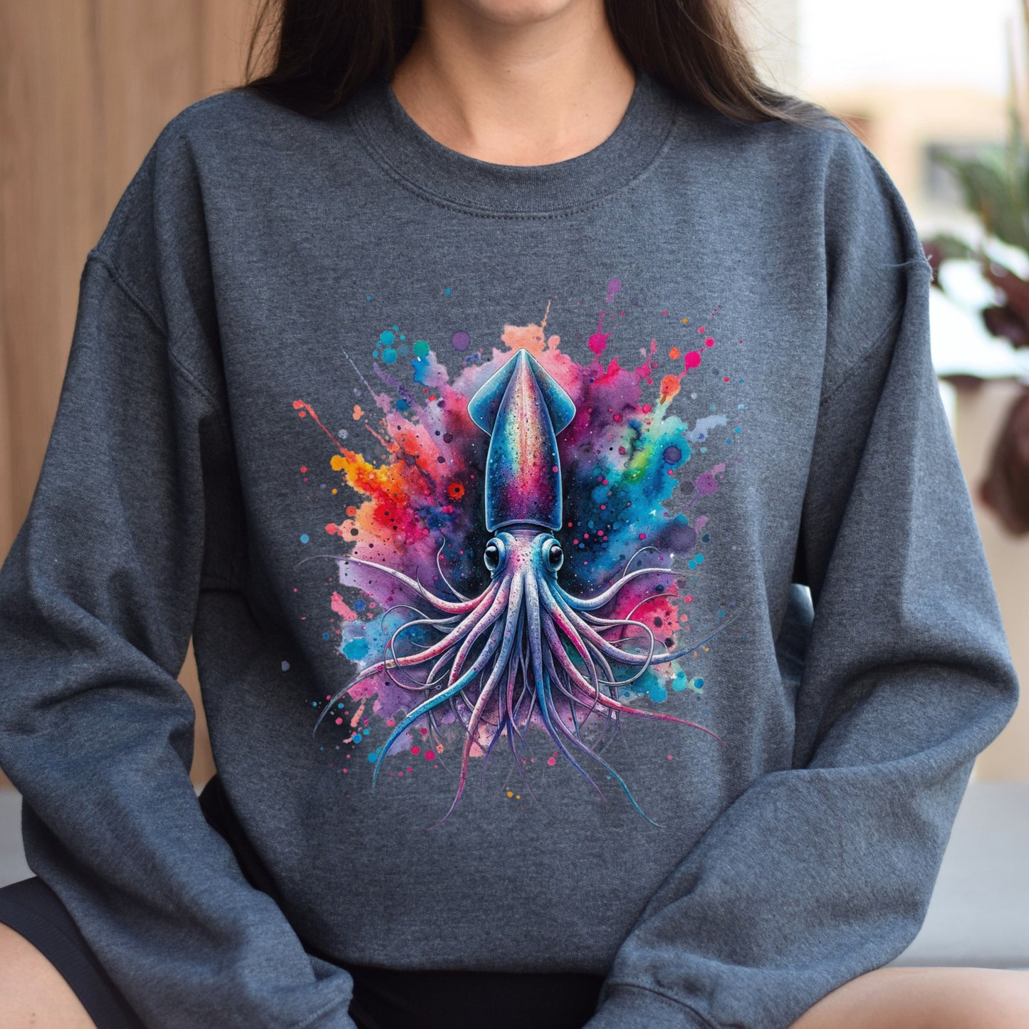 Artistic Deep sea squid Color Splash Unisex Sweatshirt Black Navy Dark Heather-Family-Gift-Planet