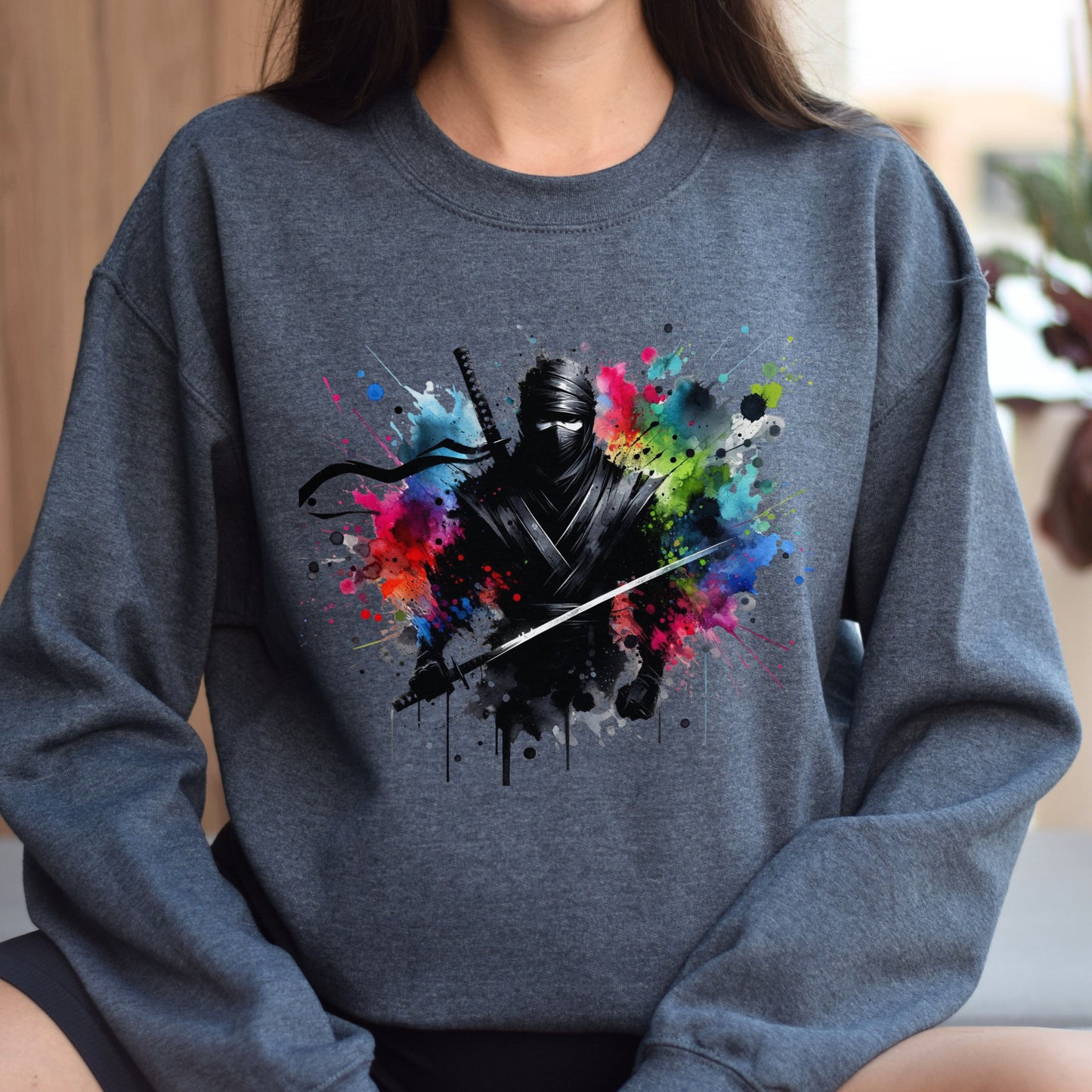 Ninja Color Splash Unisex Sweatshirt Ninja in the dark Black Navy Dark Heather-Dark Heather-Family-Gift-Planet