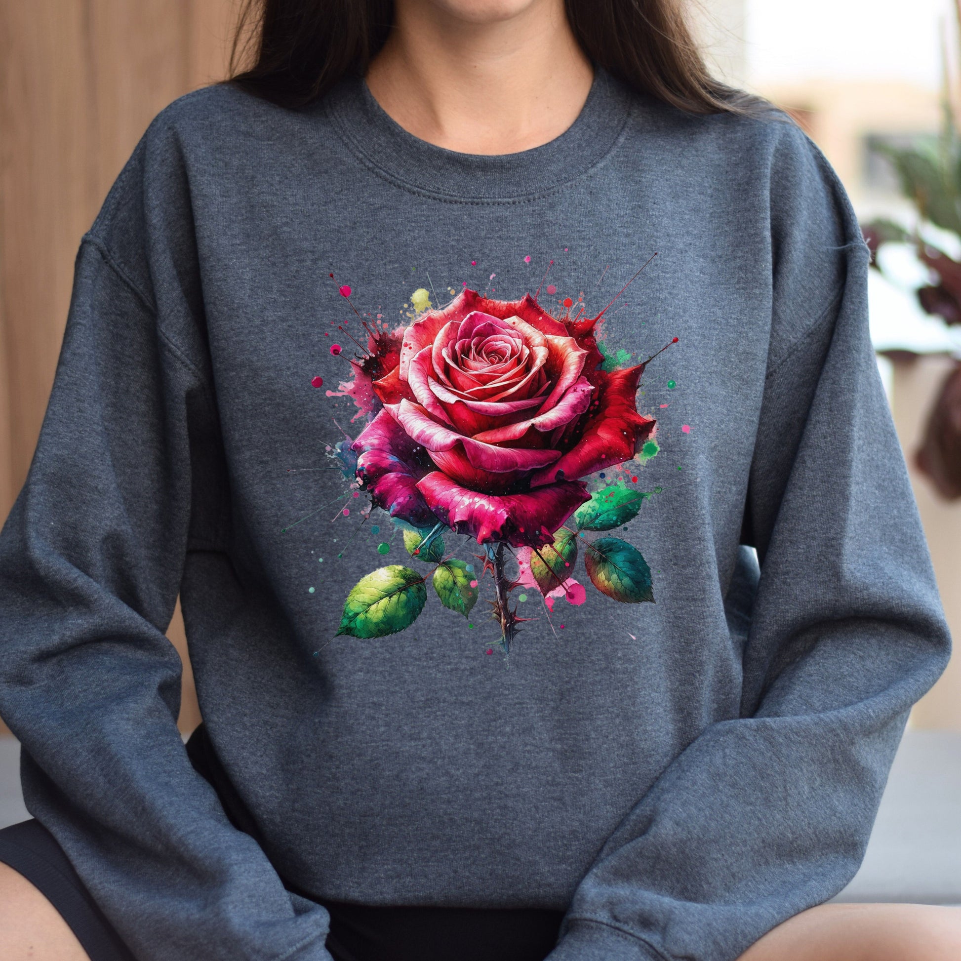 Artistic Rose Flower Color Splash Unisex Sweatshirt Black Navy Dark Heather-Dark Heather-Family-Gift-Planet