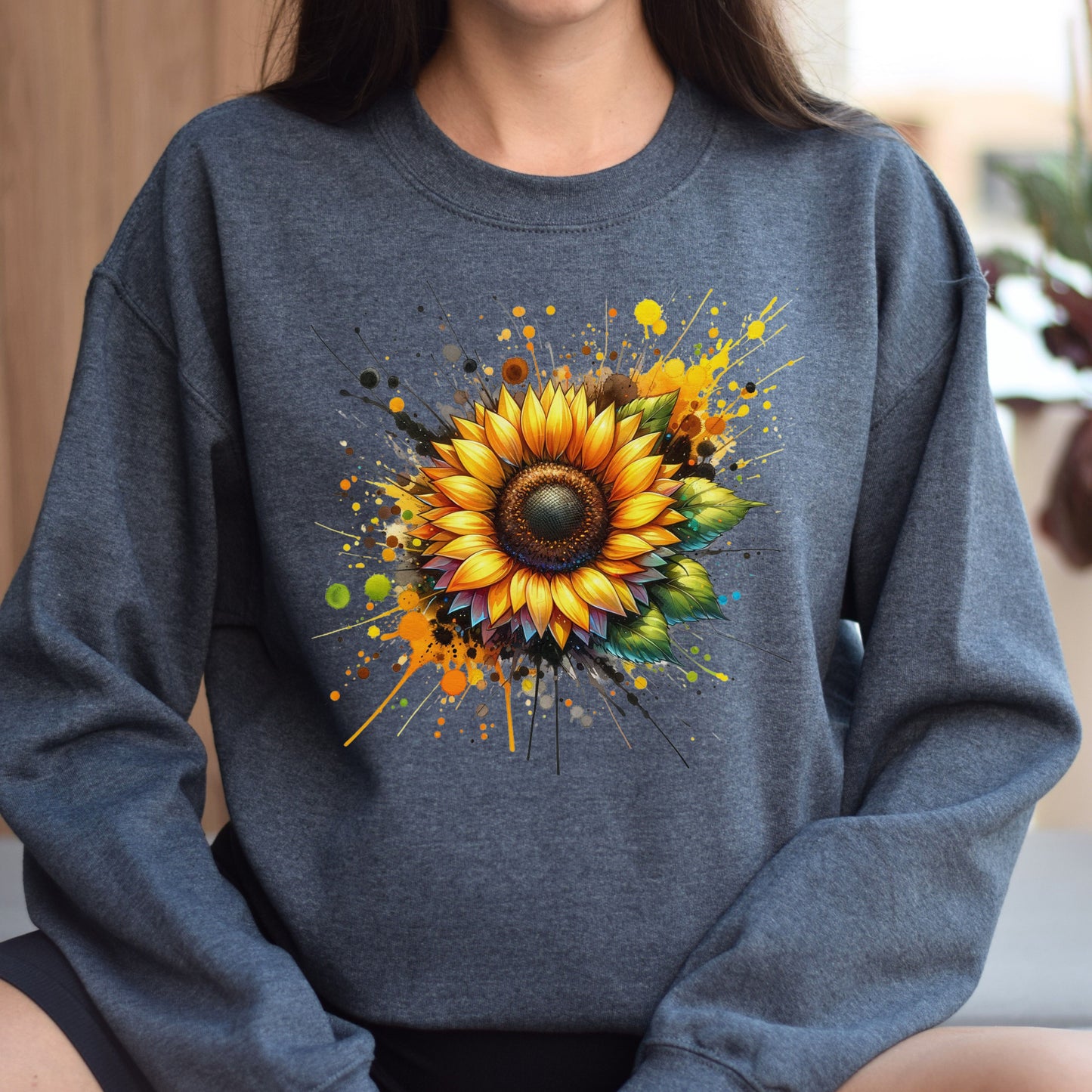 Artistic Sunflower Color Splash Unisex Sweatshirt Black Navy Dark Heather-Dark Heather-Family-Gift-Planet