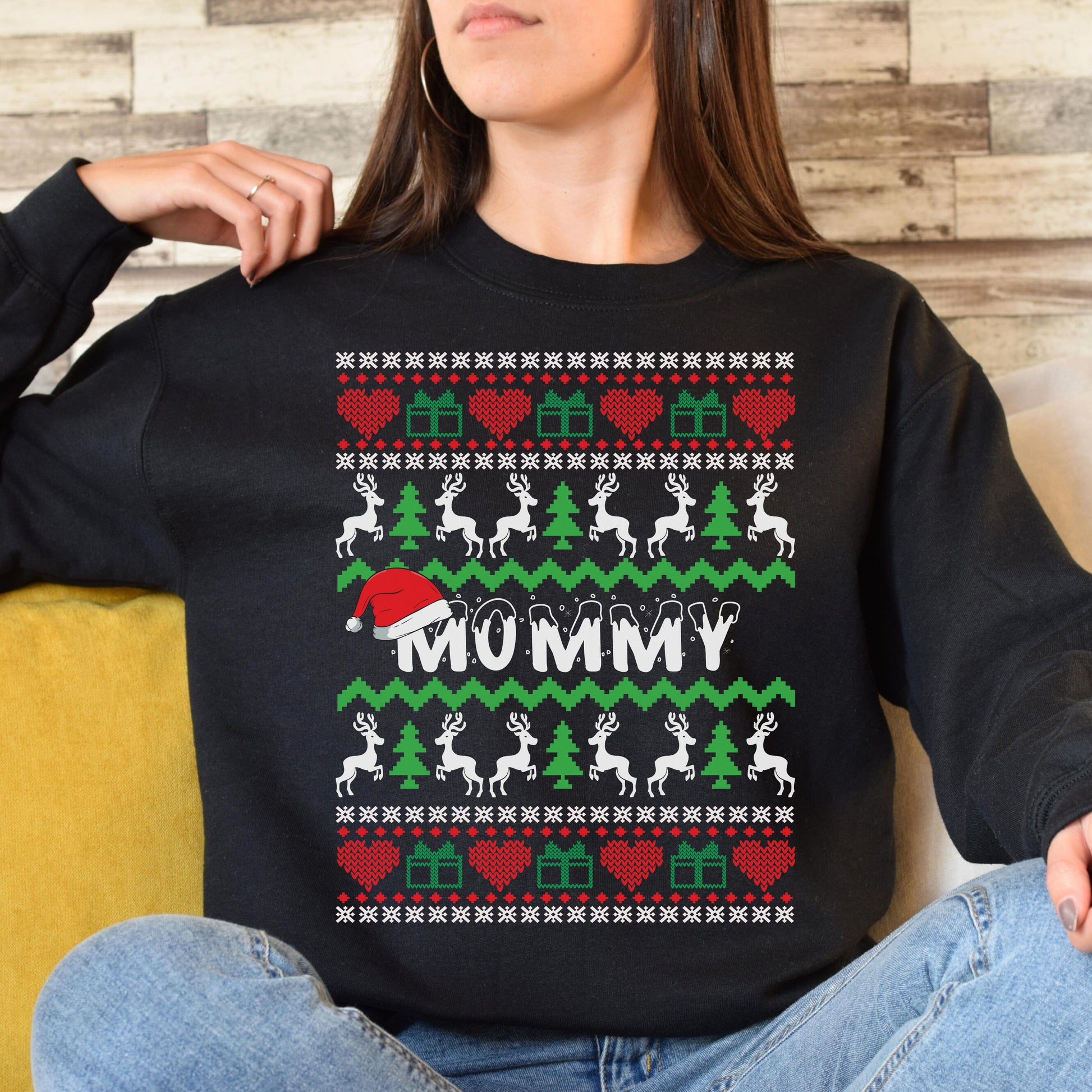 Mommy Christmas Unisex grandma Sweatshirt Ugly sweater Black Dark Heather-Black-Family-Gift-Planet