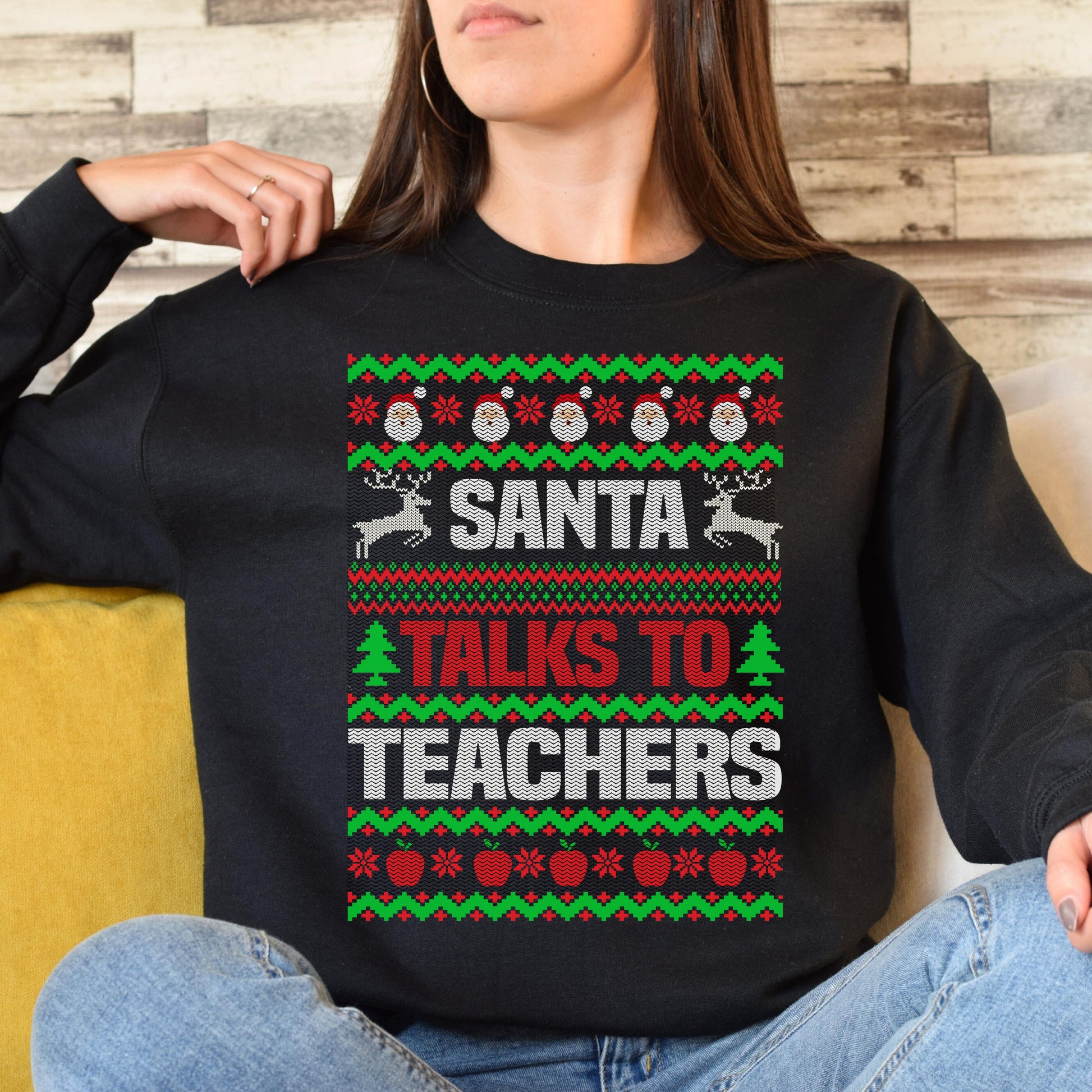 Santa talks to teachers Christmas Unisex Sweatshirt Ugly sweater Black Dark Heather-Black-Family-Gift-Planet