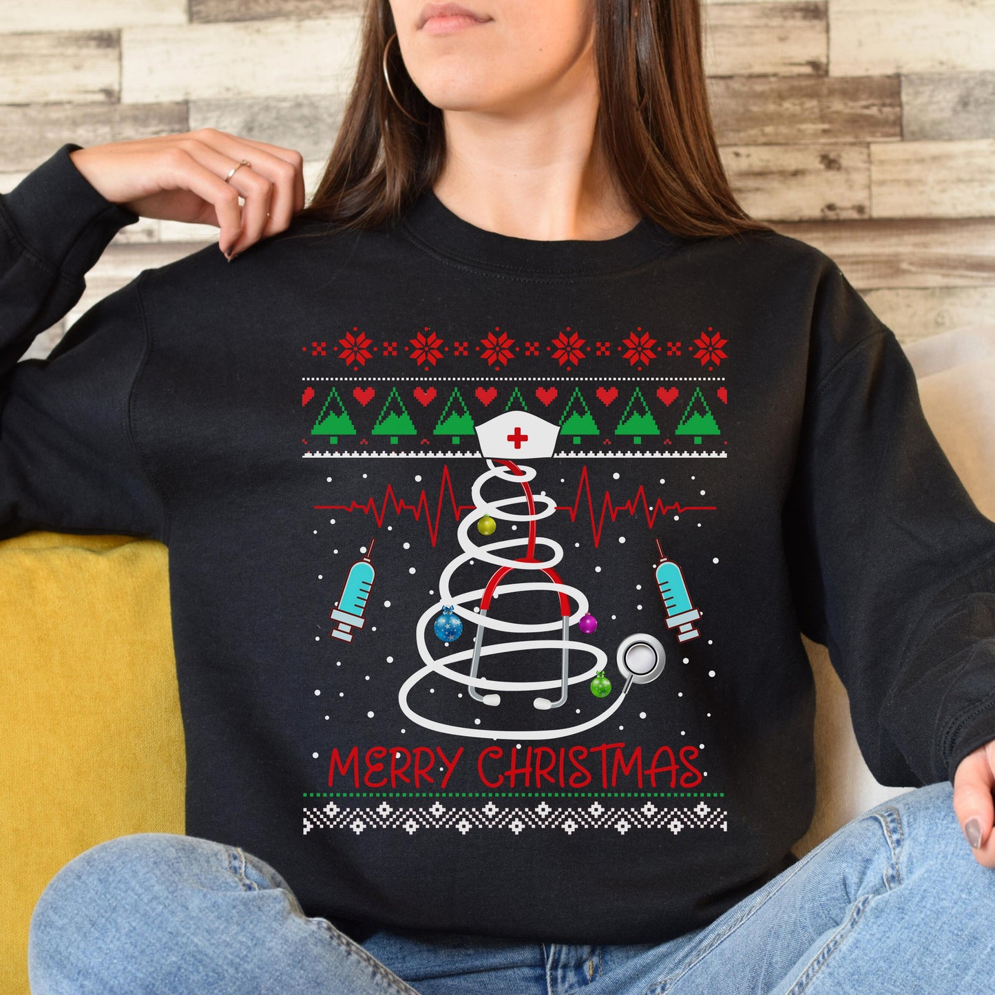 Nurse Christmas tree Unisex Sweatshirt Ugly sweater Black Dark Heather-Black-Family-Gift-Planet