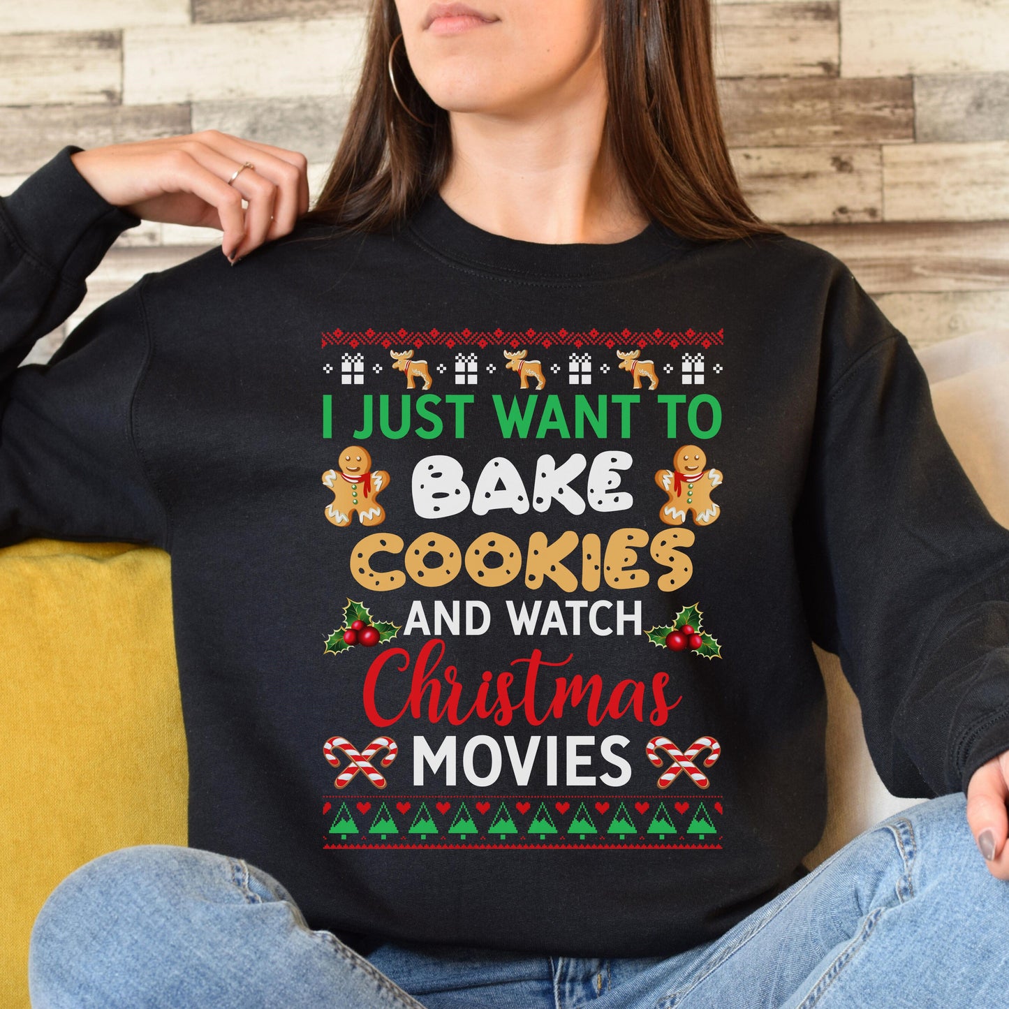 Cookies and movies Christmas Unisex Sweatshirt Ugly sweater Black Dark Heather-Black-Family-Gift-Planet