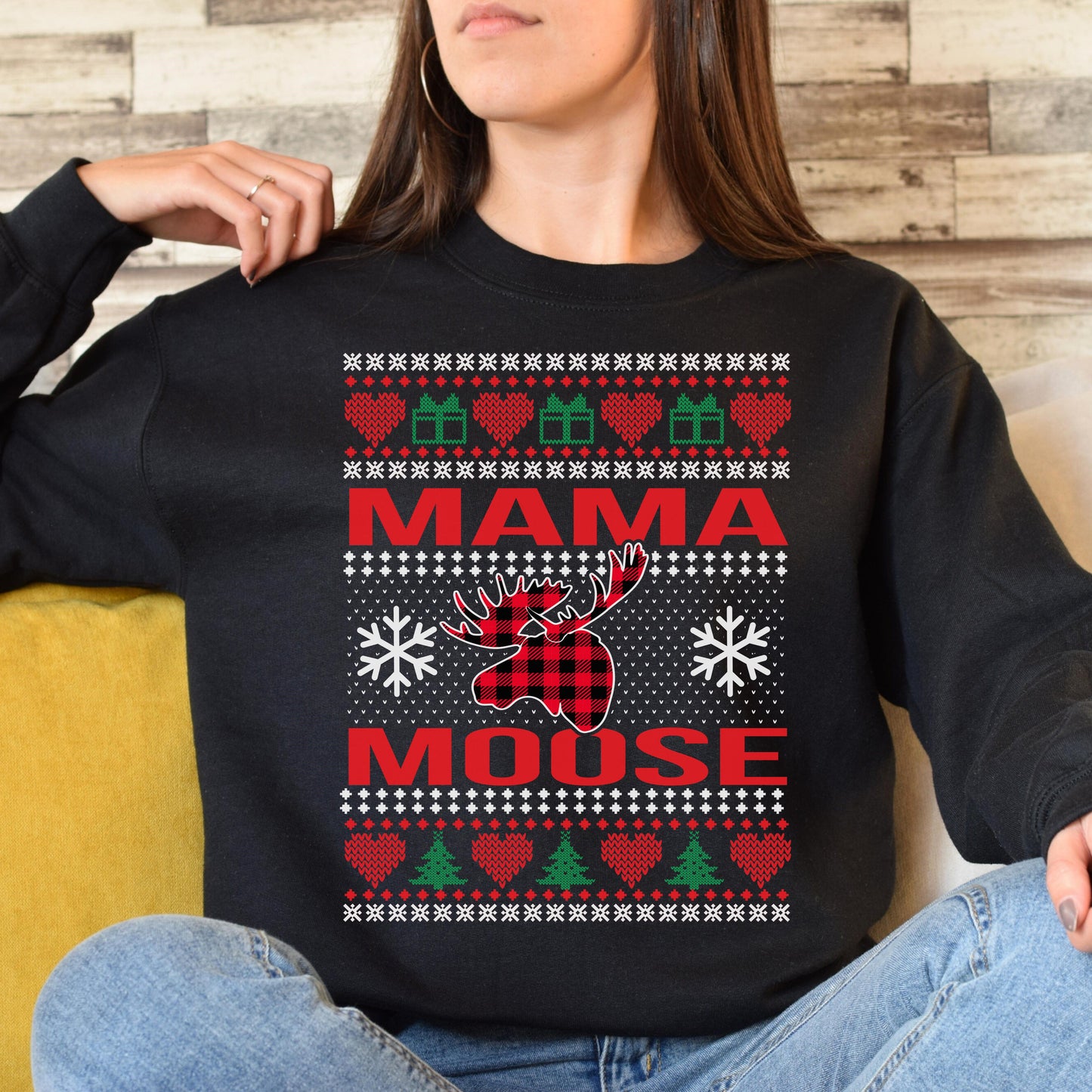 Mama Moose Christmas Unisex Sweatshirt Ugly sweater Black Dark Heather-Black-Family-Gift-Planet