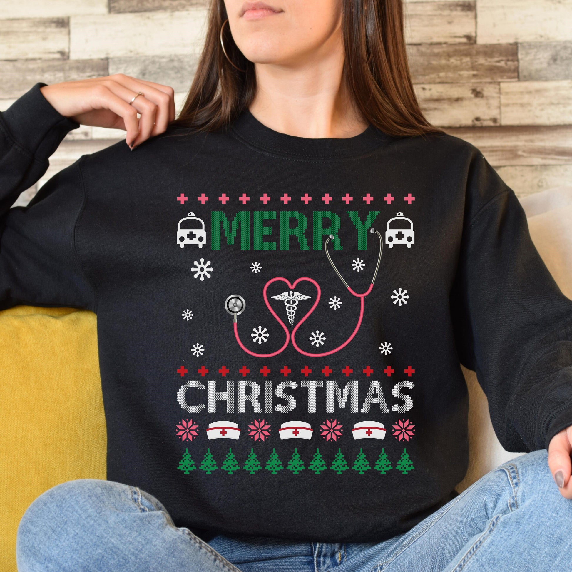 Nurse Christmas Unisex Sweatshirt er nurse Ugly sweater Black Dark Heather-Family-Gift-Planet