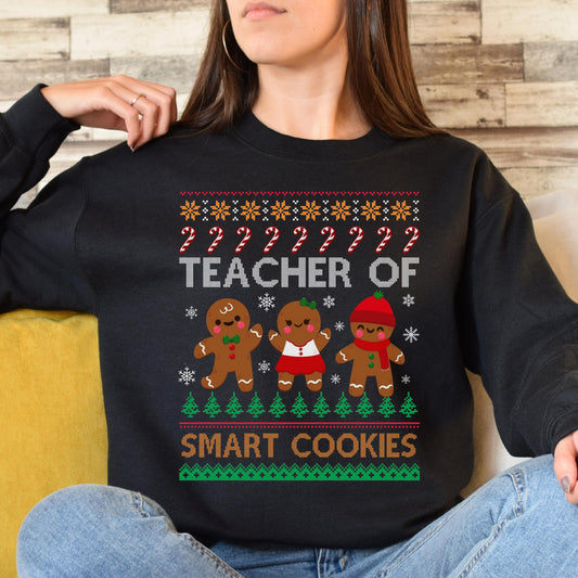 Teacher of smart cookies Christmas Unisex Sweatshirt Ugly sweater Black Dark Heather-Black-Family-Gift-Planet