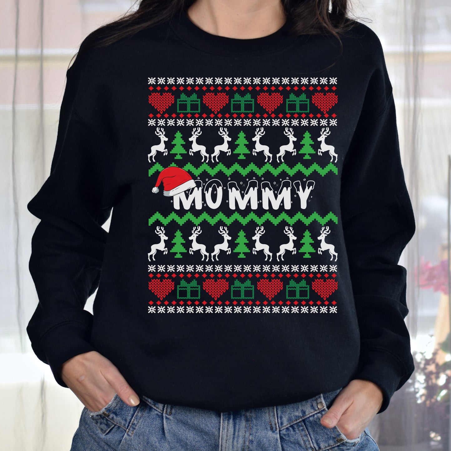 Mommy Christmas Unisex grandma Sweatshirt Ugly sweater Black Dark Heather-Family-Gift-Planet