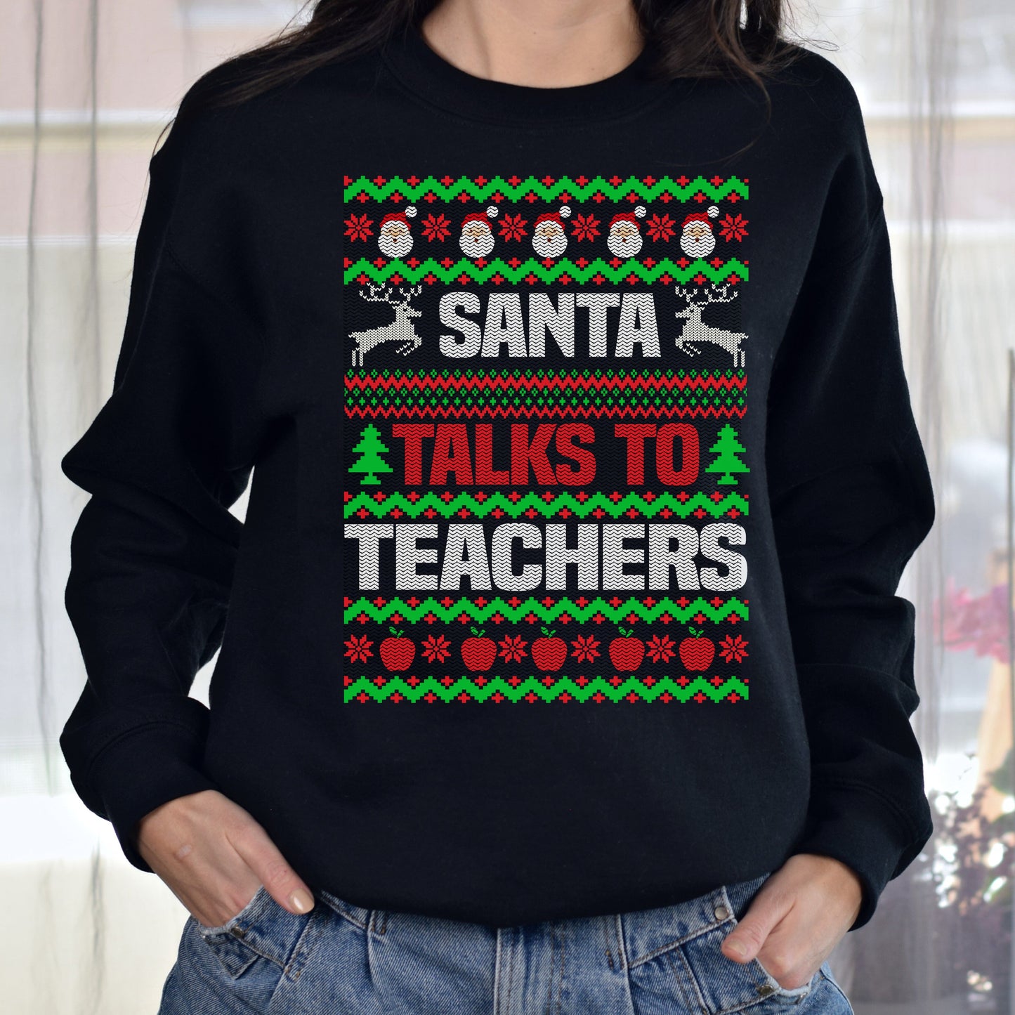 Santa talks to teachers Christmas Unisex Sweatshirt Ugly sweater Black Dark Heather-Family-Gift-Planet