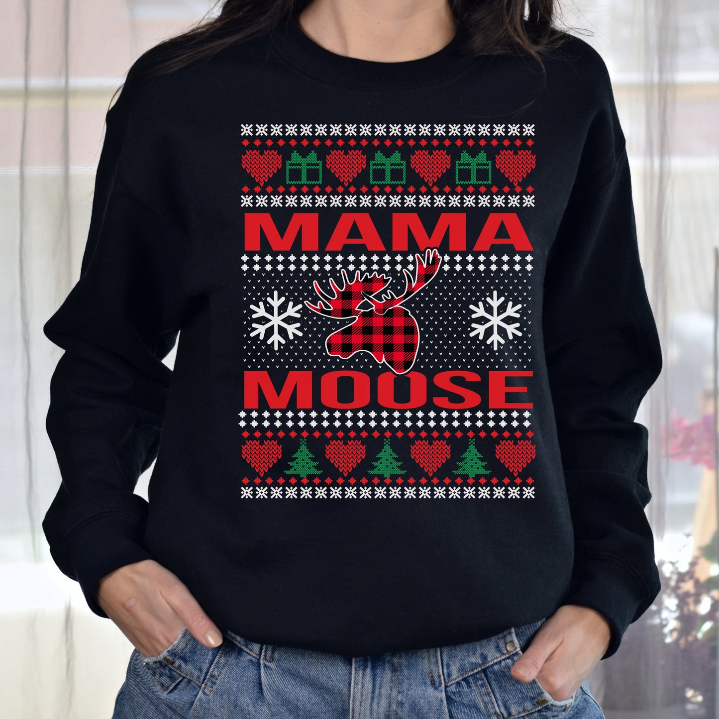 Mama Moose Christmas Unisex Sweatshirt Ugly sweater Black Dark Heather-Family-Gift-Planet