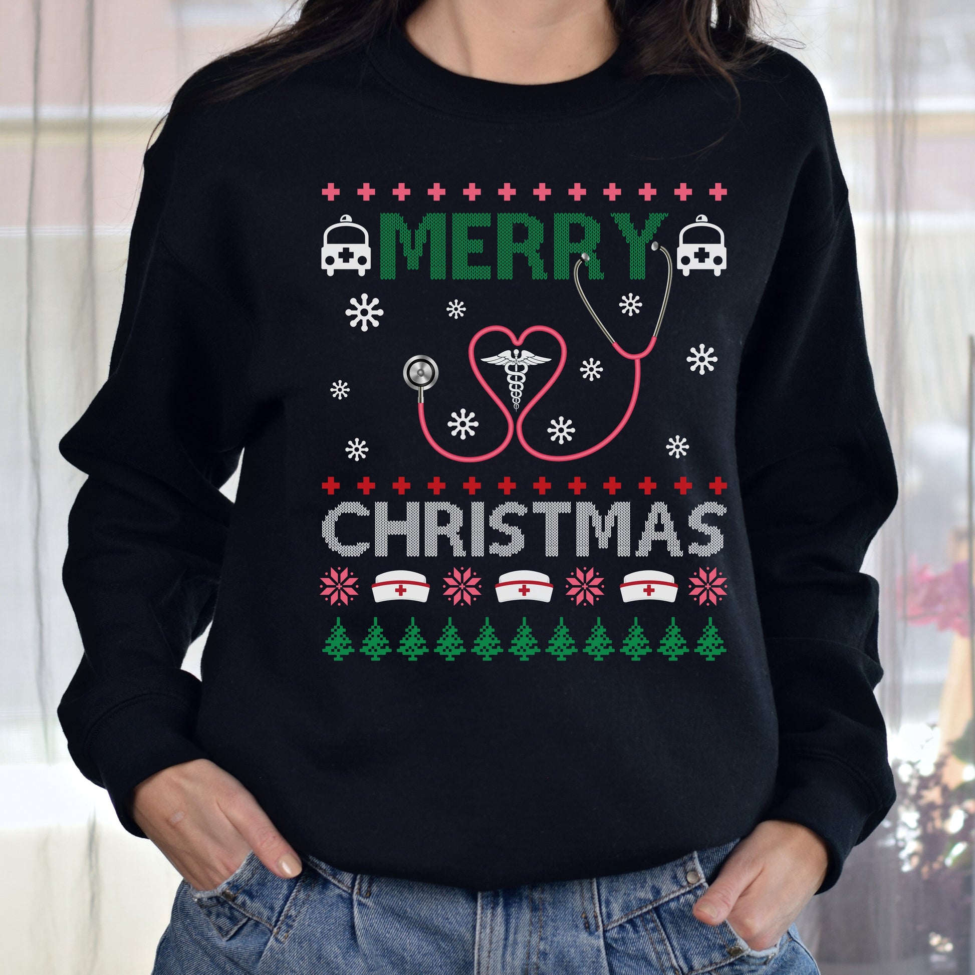 Nurse Christmas Unisex Sweatshirt er nurse Ugly sweater Black Dark Heather-Family-Gift-Planet