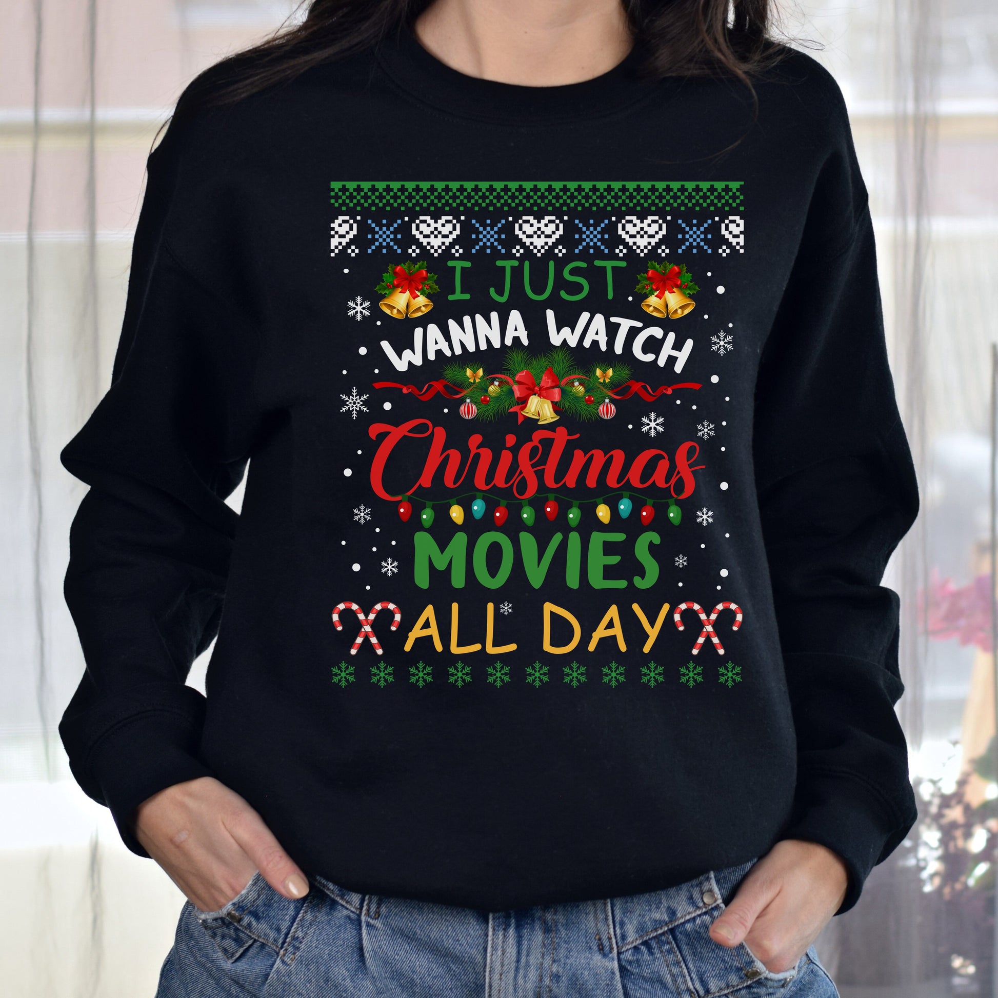 I just wanna watch Christmas movies Unisex Sweatshirt Ugly sweater Black Dark Heather-Family-Gift-Planet