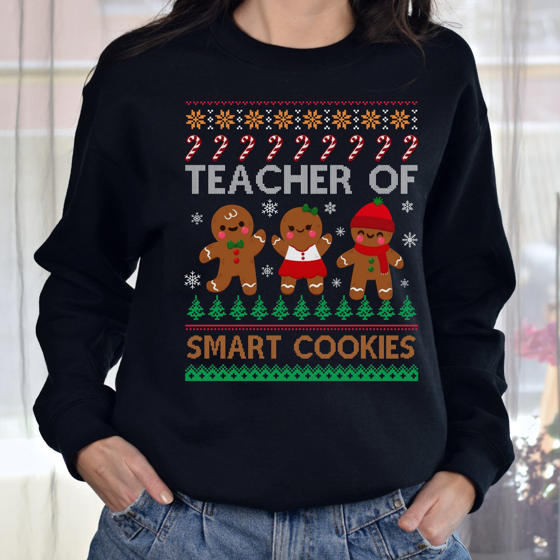 Teacher of smart cookies Christmas Unisex Sweatshirt Ugly sweater Black Dark Heather-Family-Gift-Planet