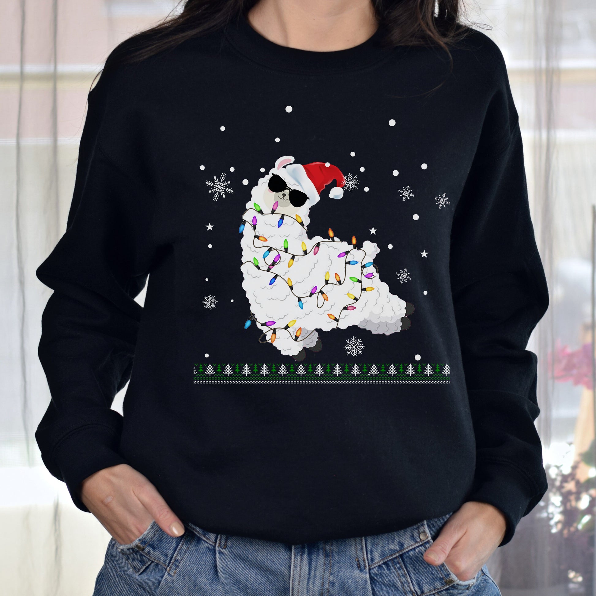 Sheep Christmas lights Unisex Sweatshirt Ugly sweater Black Dark Heather-Family-Gift-Planet