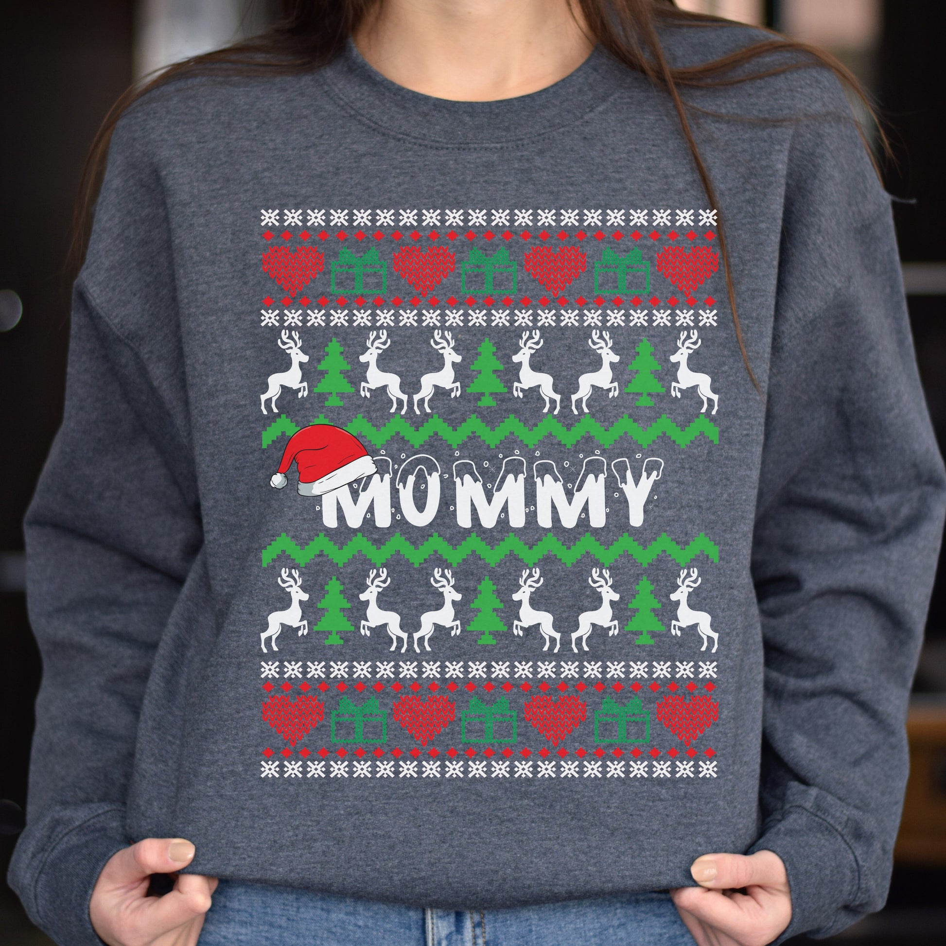 Mommy Christmas Unisex grandma Sweatshirt Ugly sweater Black Dark Heather-Dark Heather-Family-Gift-Planet