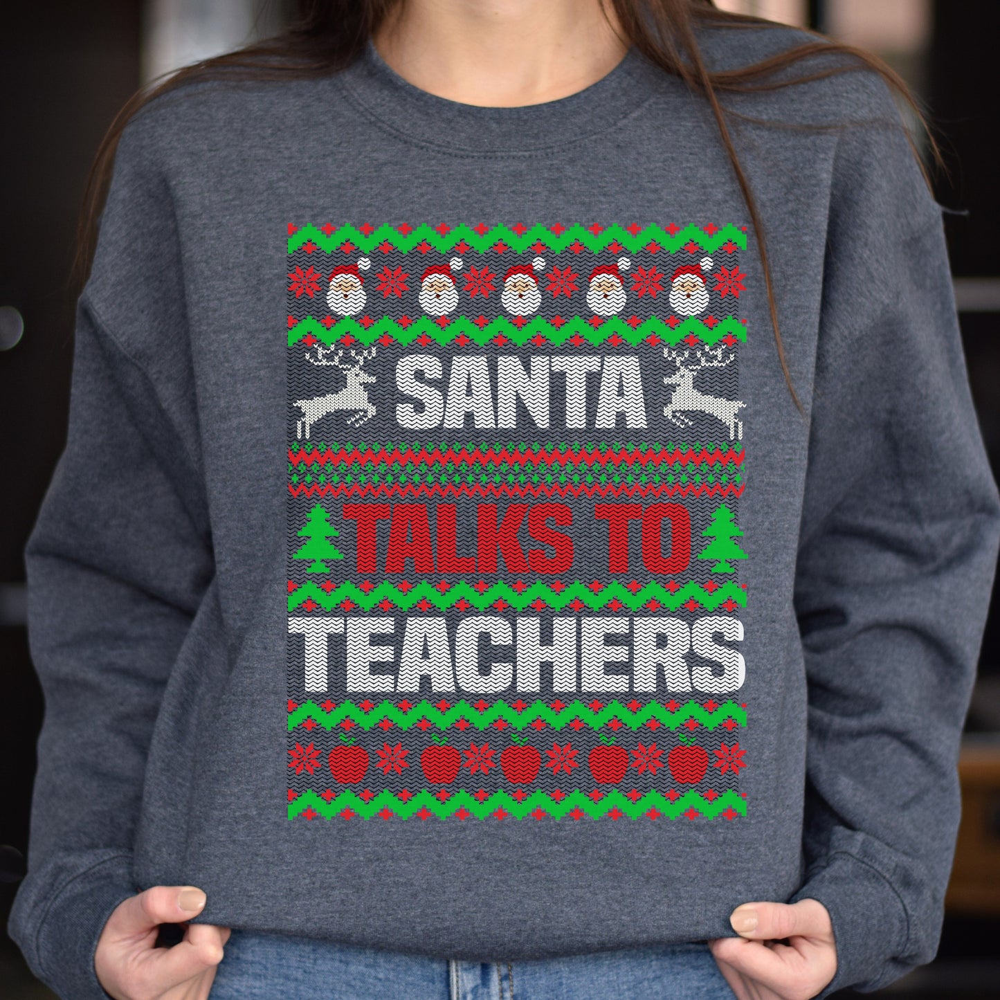 Santa talks to teachers Christmas Unisex Sweatshirt Ugly sweater Black Dark Heather-Dark Heather-Family-Gift-Planet