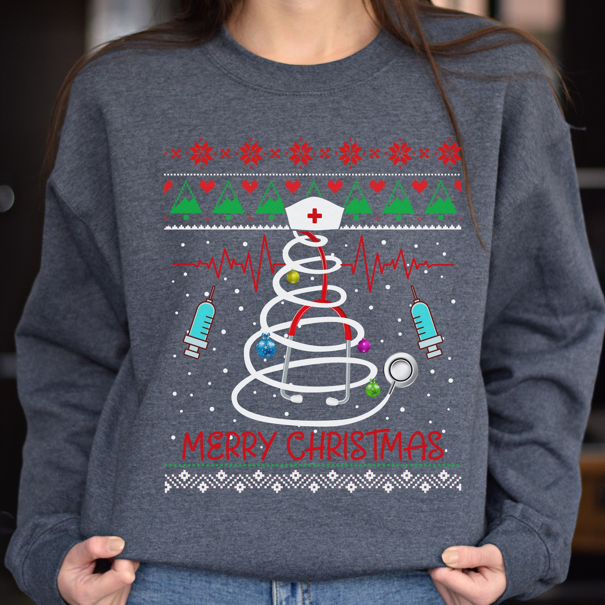 Nurse Christmas tree Unisex Sweatshirt Ugly sweater Black Dark Heather-Dark Heather-Family-Gift-Planet