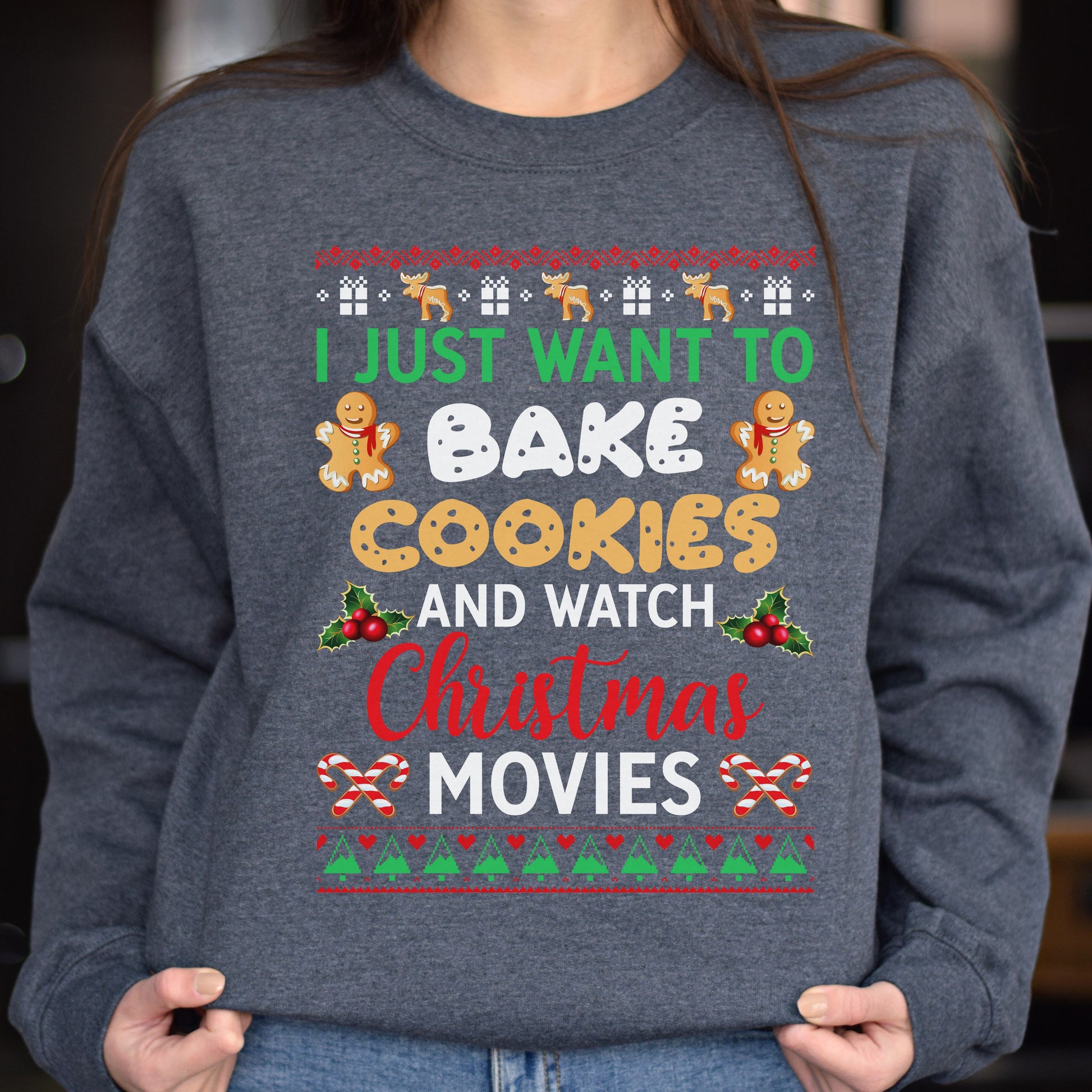 Cookies and movies Christmas Unisex Sweatshirt Ugly sweater Black Dark Heather-Dark Heather-Family-Gift-Planet