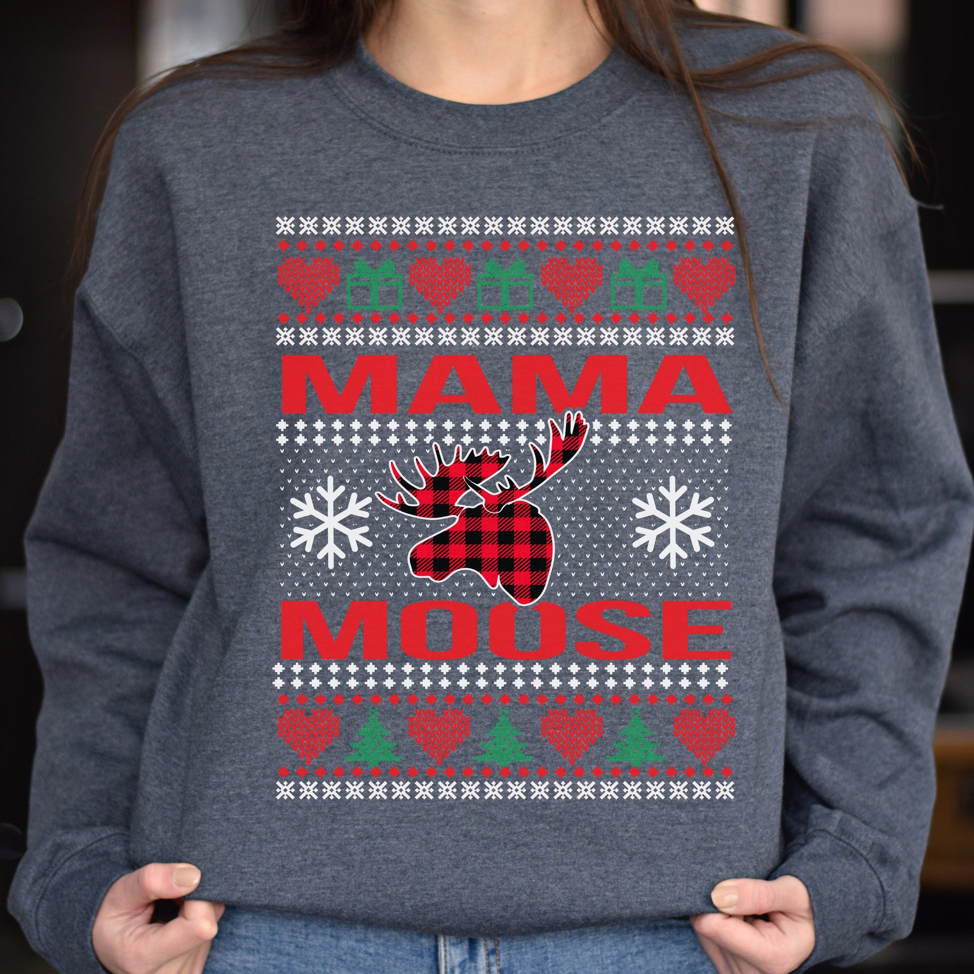 Mama Moose Christmas Unisex Sweatshirt Ugly sweater Black Dark Heather-Dark Heather-Family-Gift-Planet