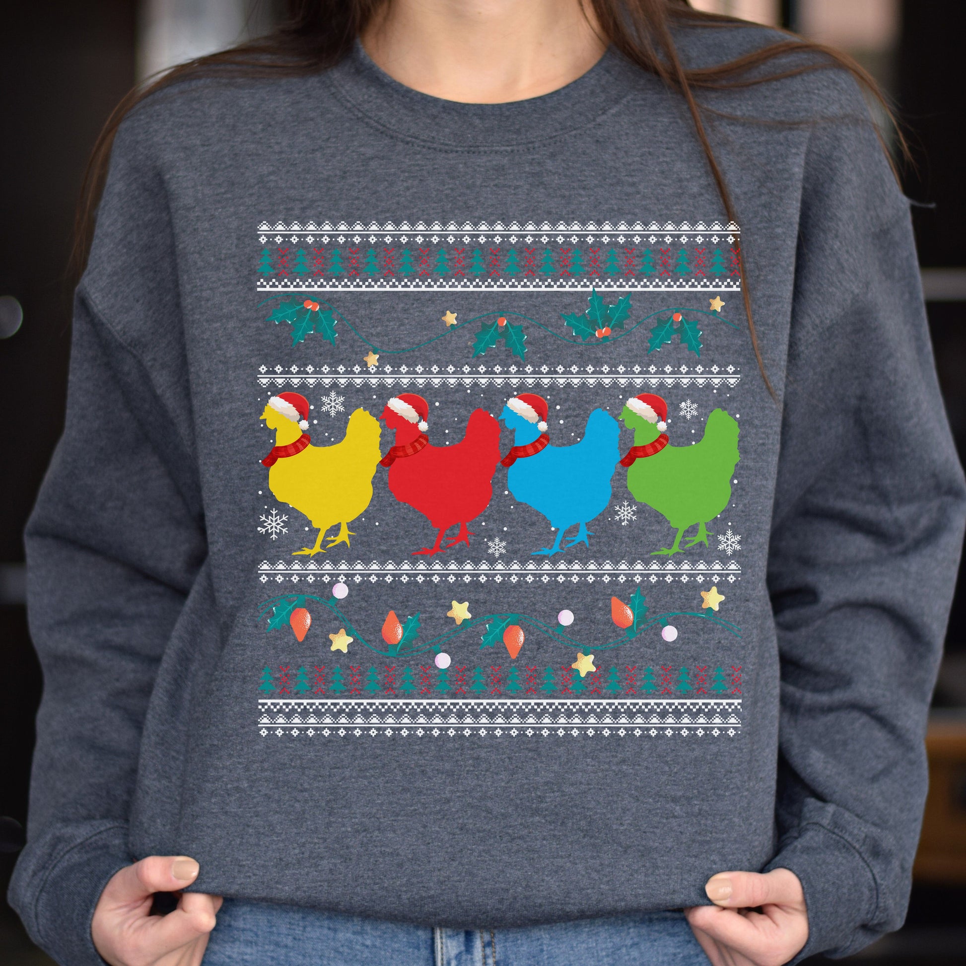 Chickens Christmas Unisex Sweatshirt Ugly sweater Black Dark Heather-Dark Heather-Family-Gift-Planet