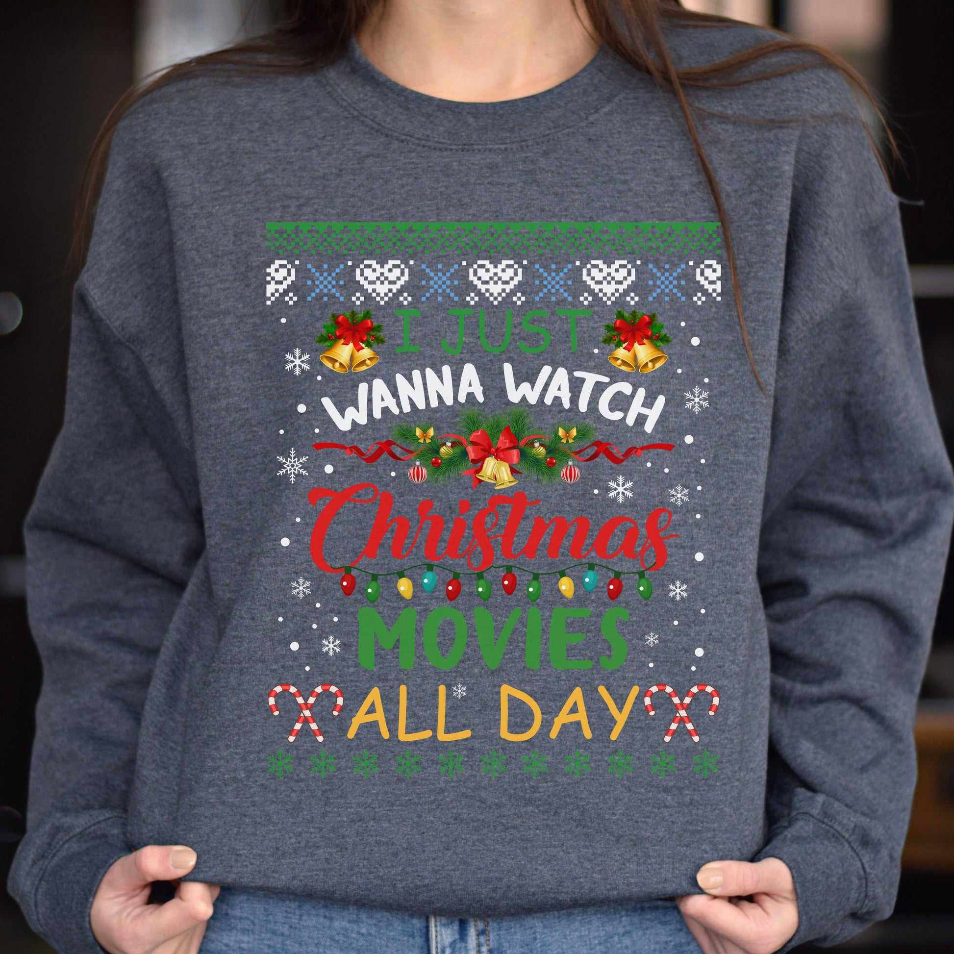 I just wanna watch Christmas movies Unisex Sweatshirt Ugly sweater Black Dark Heather-Dark Heather-Family-Gift-Planet