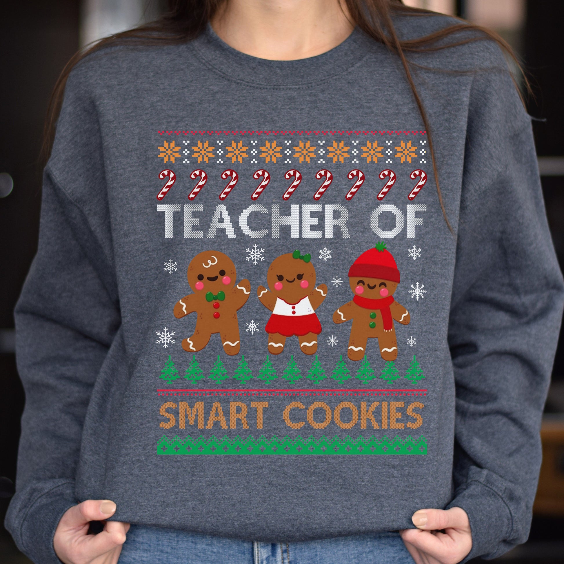 Teacher of smart cookies Christmas Unisex Sweatshirt Ugly sweater Black Dark Heather-Dark Heather-Family-Gift-Planet