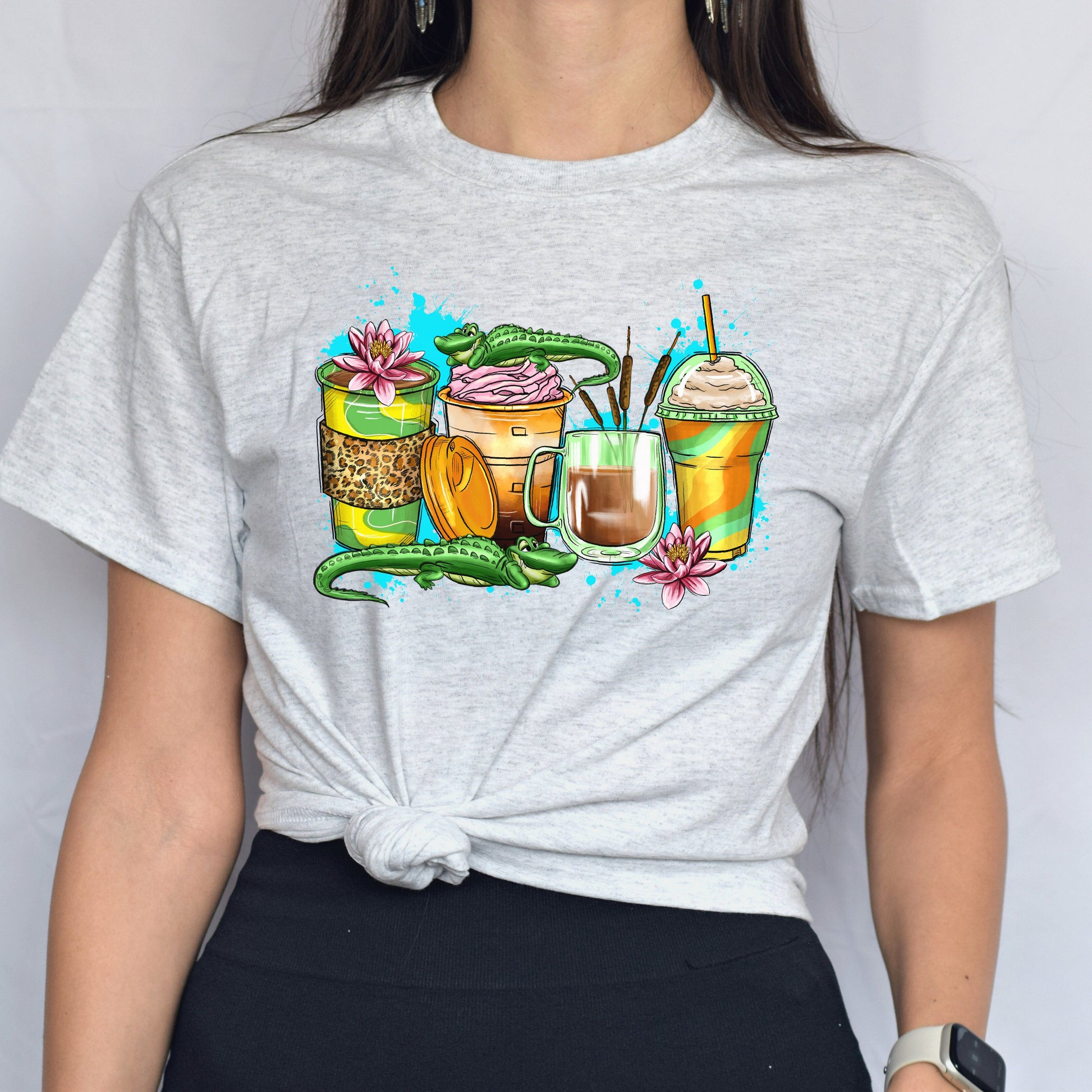 Aligator and coffee cups unisex tshirt jungle crocodile tee S-5XL-Family-Gift-Planet