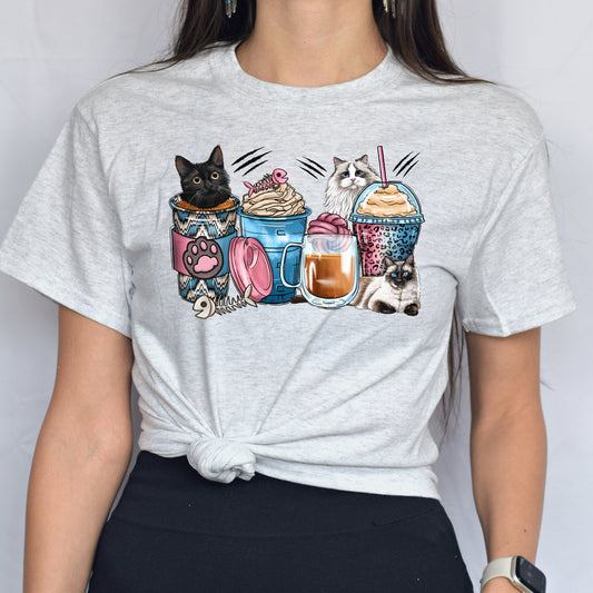 Cats coffee cups unisex tshirt cats owner tee S-5XL-Ash-Family-Gift-Planet