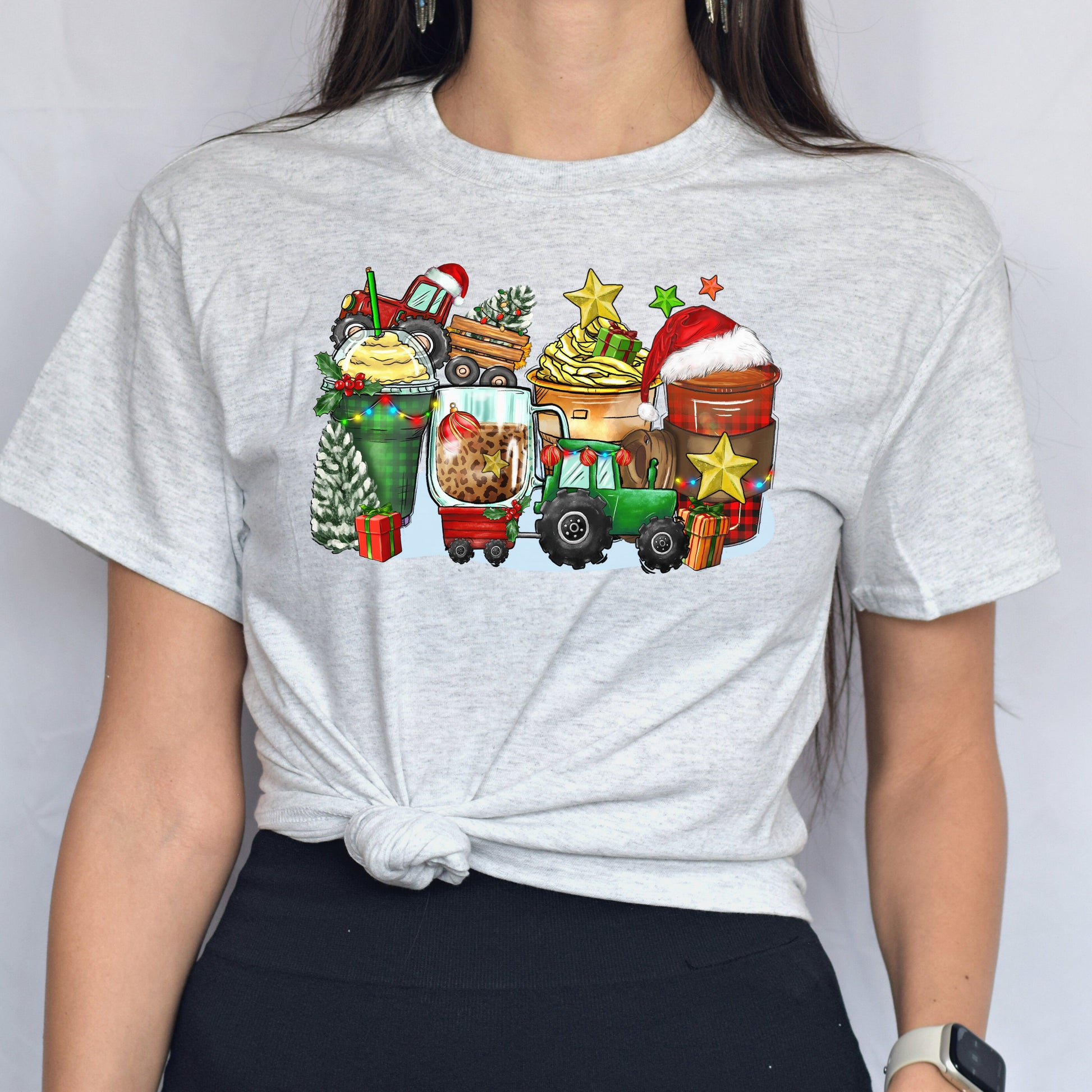 Christmas tractor and coffee cups unisex tshirt tractor owner tee S-5XL-Family-Gift-Planet