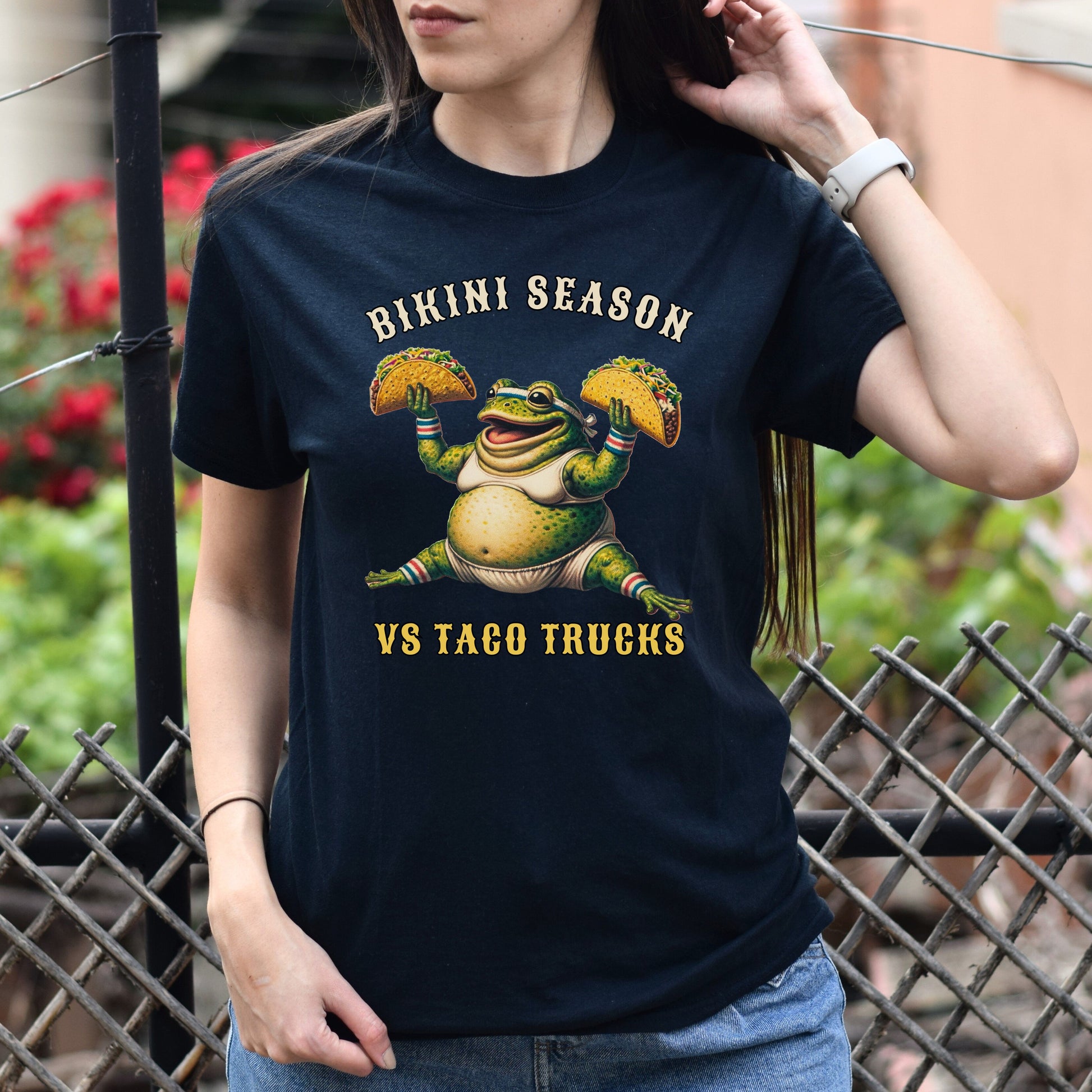 Bikini season vs Taco trucks funny Texas Unisex T-shirt Black Navy Dark Heather-Black-Family-Gift-Planet