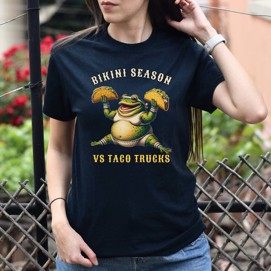 Bikini season vs Taco trucks funny Texas Unisex T-shirt Black Navy Dark Heather-Black-Family-Gift-Planet