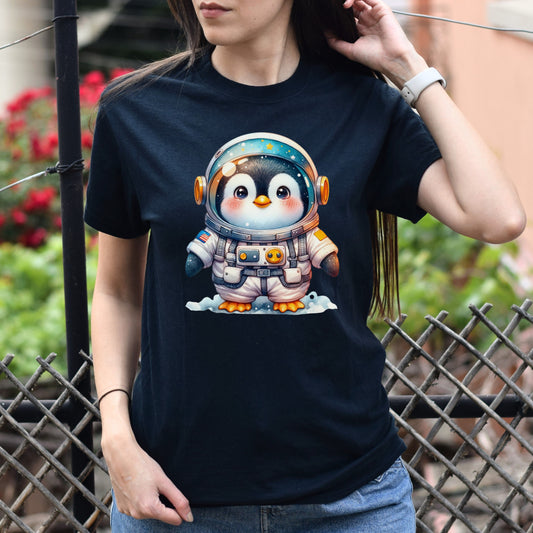 Penguin astronaut Unisex T-shirt cute animal cosmic tee Black Navy Dark Heather-Black-Family-Gift-Planet