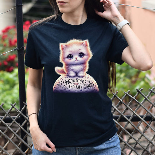 I love you to the moon in back cute kitten Unisex T-shirt Black Navy Dark Heather-Black-Family-Gift-Planet