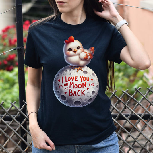 I love you to the moon in back chick Unisex T-shirt hen chicken on moon tee Black Navy Dark Heather-Black-Family-Gift-Planet