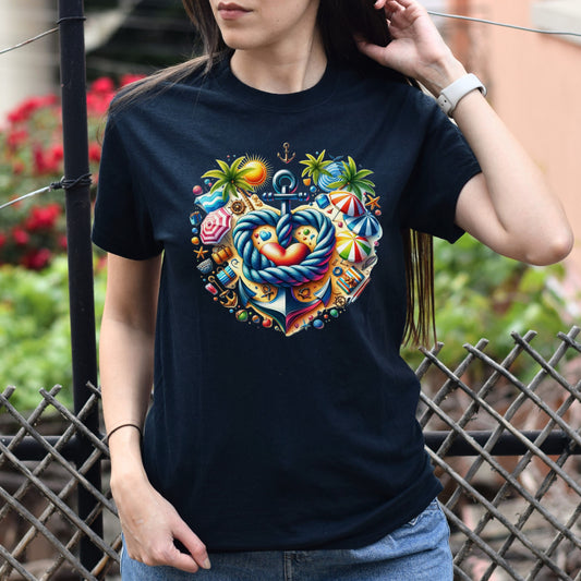 Summer beach Unisex T-shirt Anchor marine rope heart tee Black Navy Dark Heather-Black-Family-Gift-Planet