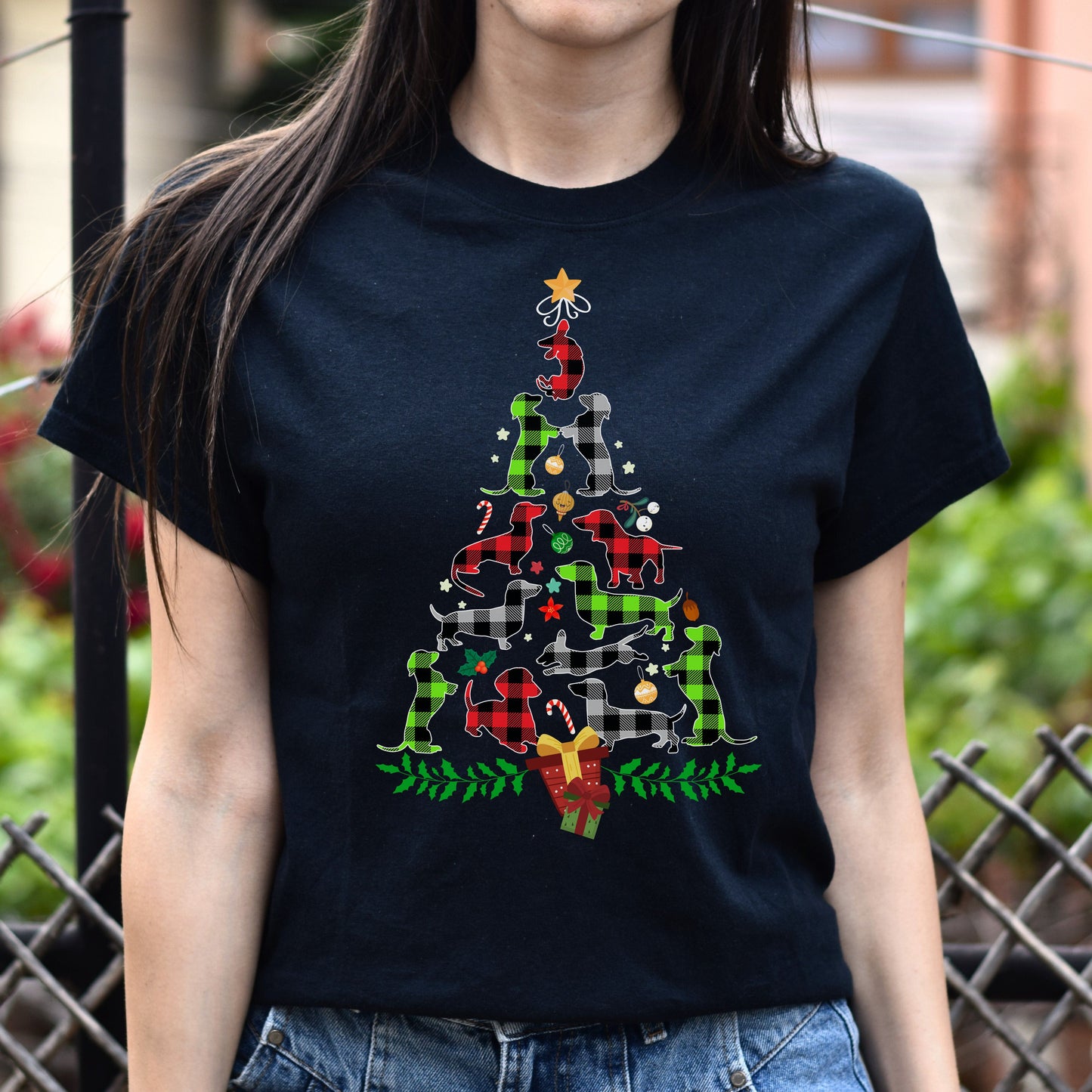 Dachshund Christmas tree Unisex shirt dachshund owner Holiday tee Black Dark Heather-Family-Gift-Planet