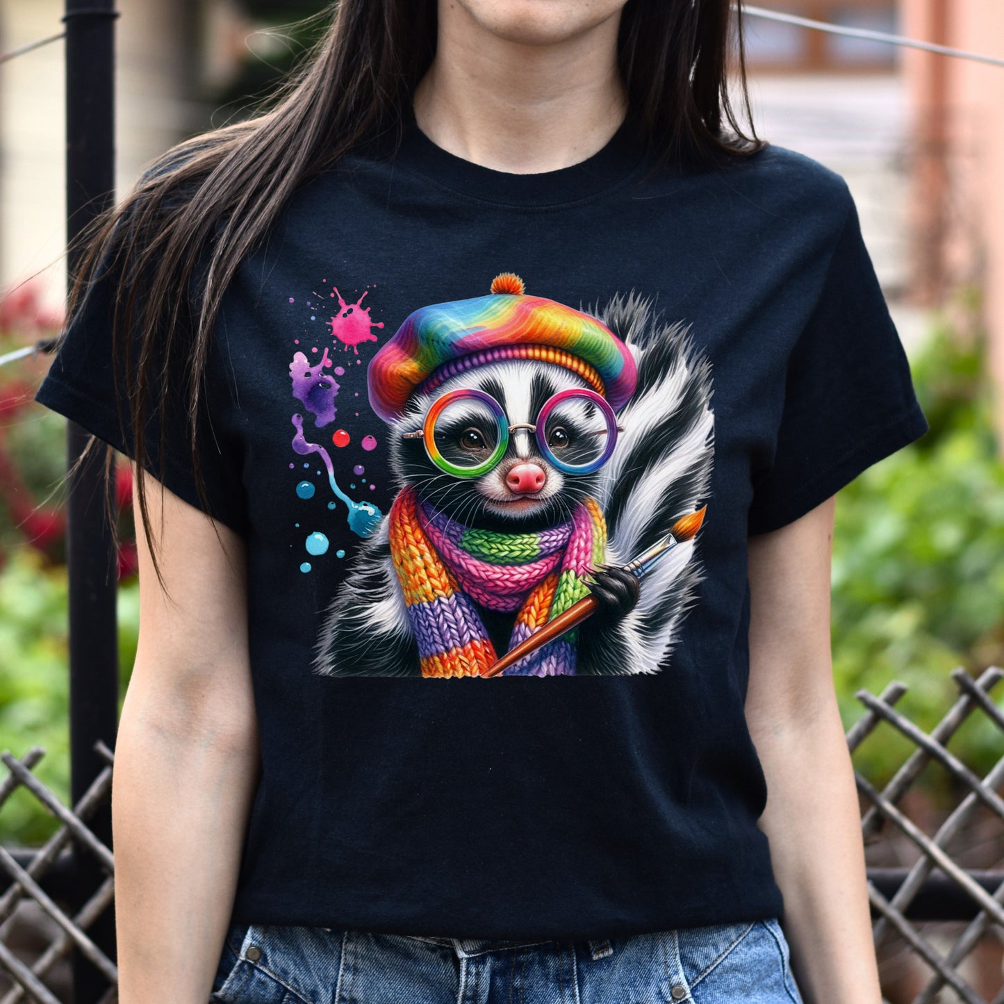 Skunk Artist Color Splash Unisex T-Shirt Art teacher tee Black Navy Dark Heather-Black-Family-Gift-Planet