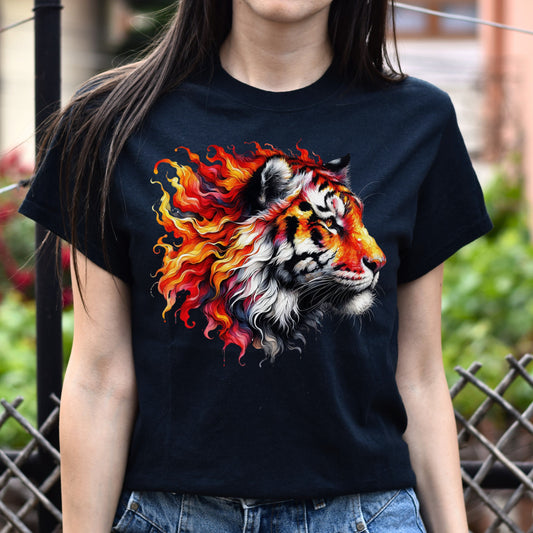 Tiger in fire Unisex T-shirt Black Navy Dark Heather-Black-Family-Gift-Planet