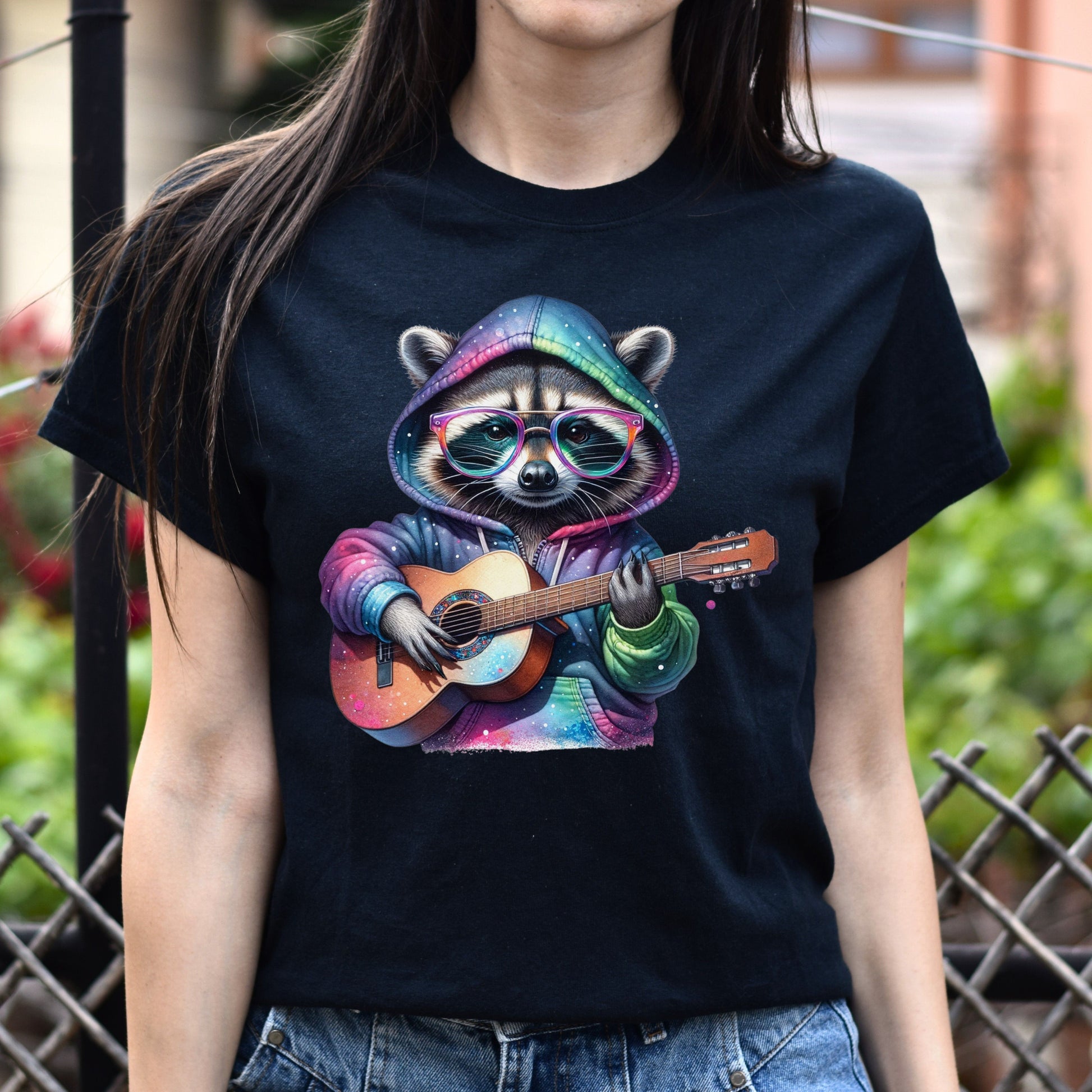 Racoon guitarist Unisex T-Shirt acoustic guitar music teacher songwriter tee Black Navy Dark Heather-Black-Family-Gift-Planet