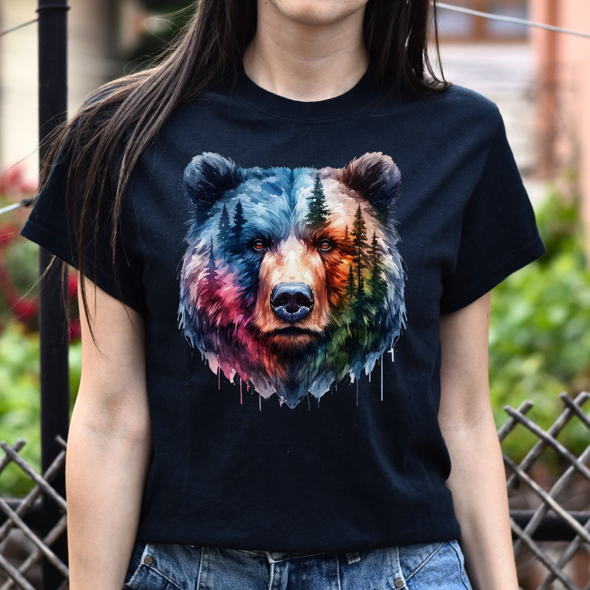 Grizzly and Forest Watercolor Unisex T-shirt Black Navy Dark Heather-Black-Family-Gift-Planet