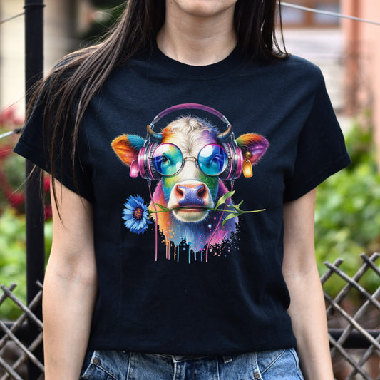 Cow with cornflower Colorful Unisex T-Shirt cattle farm tee Black Navy Dark Heather-Black-Family-Gift-Planet