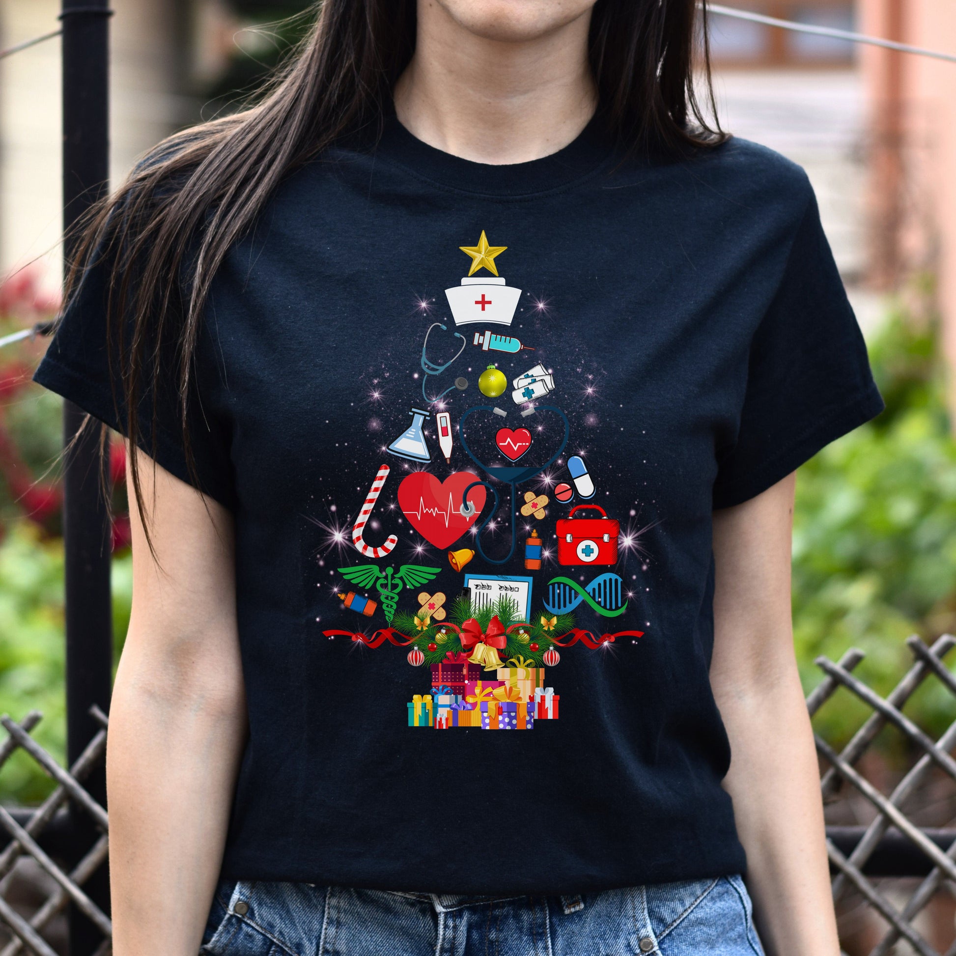 Medical worker Christmas tree Unisex shirt nurse Holiday tee Black Dark Heather-Family-Gift-Planet