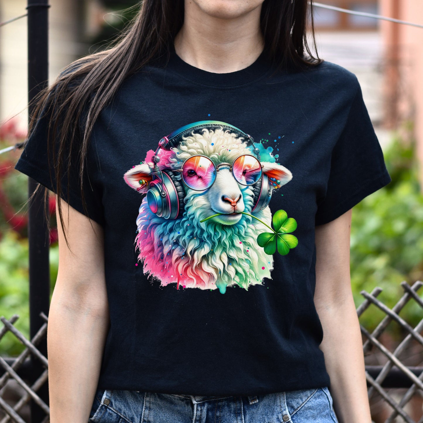 Irish Sheep with clover Colorful Unisex T-Shirt cool sheep farm tee Black Navy Dark Heather-Black-Family-Gift-Planet