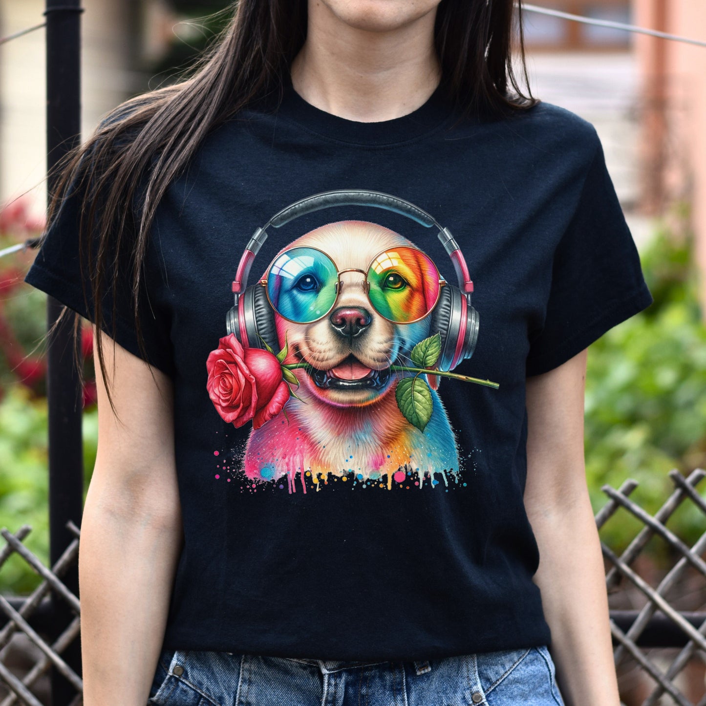 Labrador with Rose Colorful Unisex T-Shirt Cool romantic dog tee Black Navy Dark Heather-Black-Family-Gift-Planet